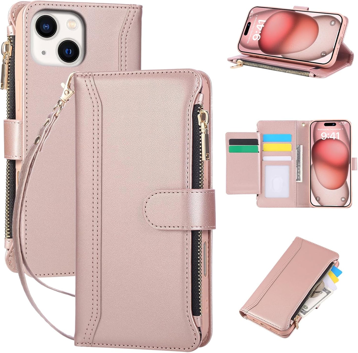 Compatible with iPhone 15 Wallet Phone Case-PU Leather Magnetic Flip Cover with Credit Card Slots,Zipper Pocket & Detachable Wrist Strap,Shockproof Design,for Women and Men-Pink