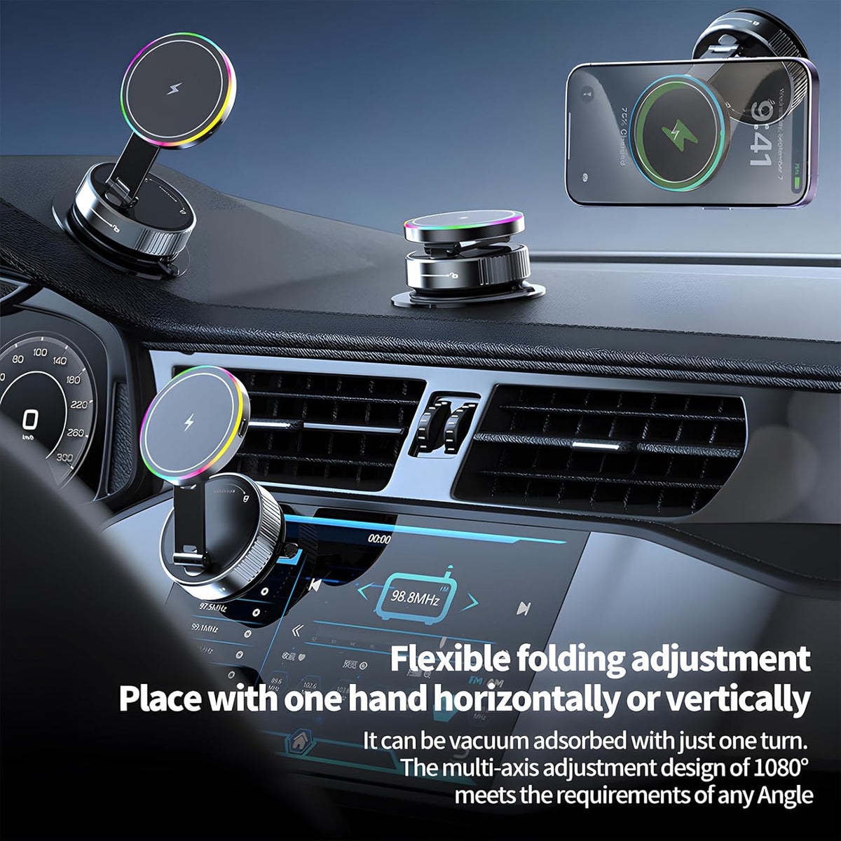 Wireless Charger Car Phone Holder for Magsafe,360°Adjustable Vacuum Magnetic Phone Holder,Nano Gel Suction Cup/RGB Light Suction Cup Mount for Non Smooth Surfaces Compatible iPhone&Android