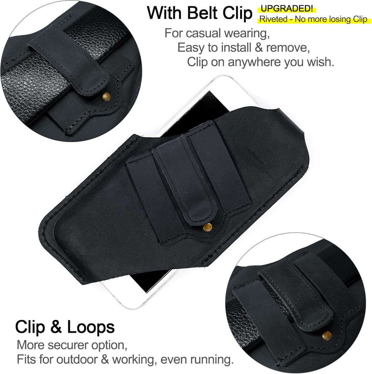 TobbinGear Left-Handed Leather Cell Phone Holster with Belt Clip, Universal Phone Holster for Men Belt Holder, Leather Case for iPhone, Samsung Galaxy Phones, Black Color