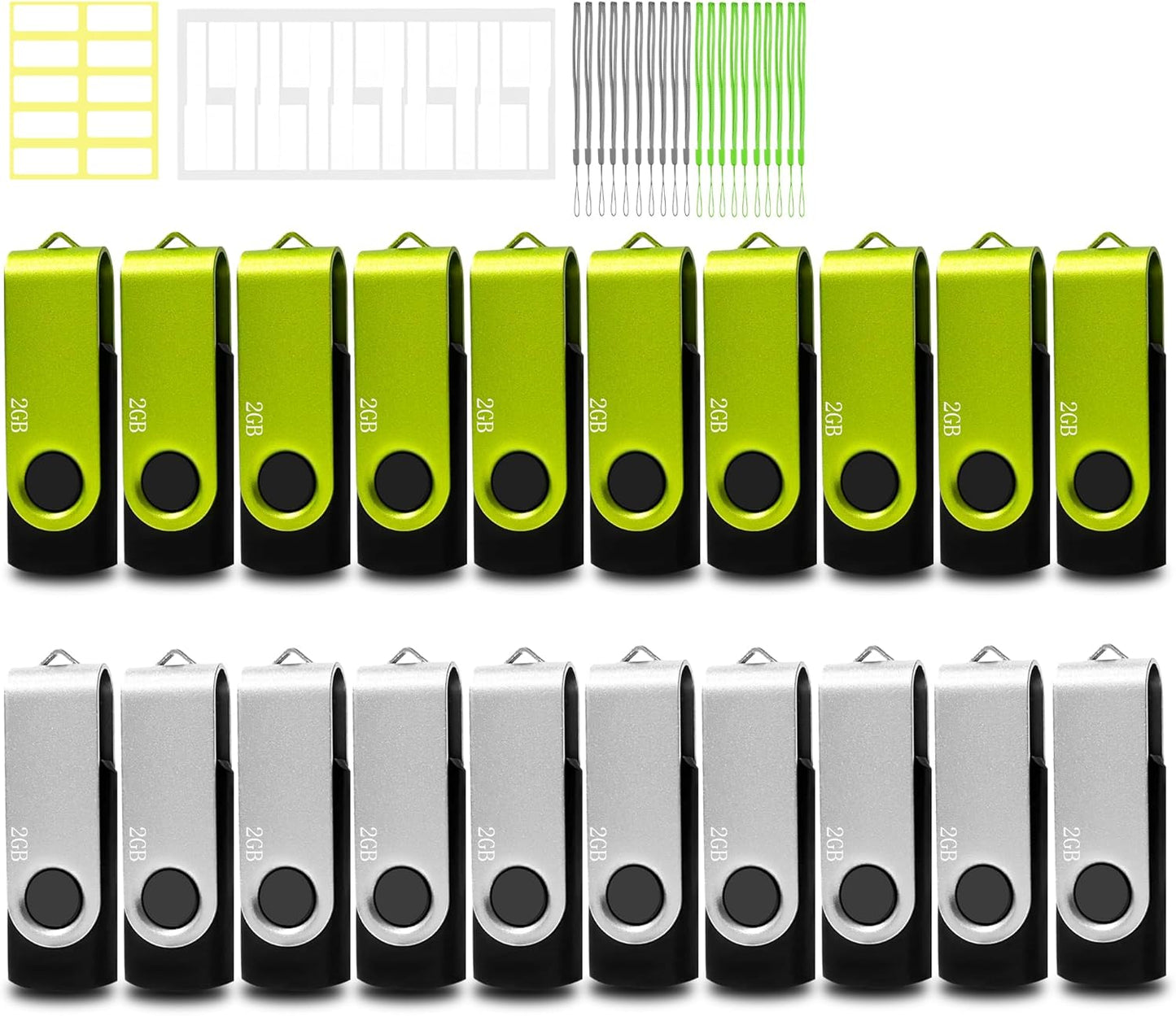 Thumb Drive 2GB USB Flash Drives 20 Pack 2 GB USB 2.0 Jump Drives Multipack Flash Memory Stick Zip Drive Pendrive 20Pack with 20PCS Lanyards Label (Green Sliver 2Gig)