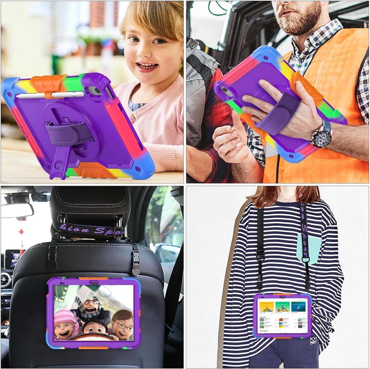 SEYMAC stock Case for iPad (A16) 11th/10th Generation 11''/10.9'' 2025/2022, Full-Body Drop Protection Case with Screen Protector &360° Rotate Hand Strap/Stand, Purple+Colorful