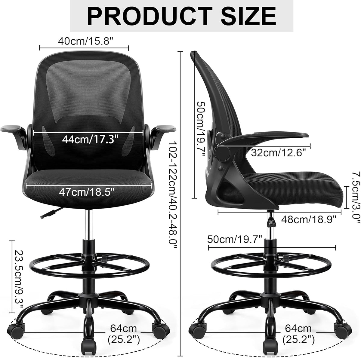 Drafting Chair Tall Office Chair with Flip-up Armrests, Adjustable Height, and Enhanced Lumbar Support - Ergonomic Rolling Stool, Back Support, and Adjustable Foot Rest Ring for Standing Desk Black