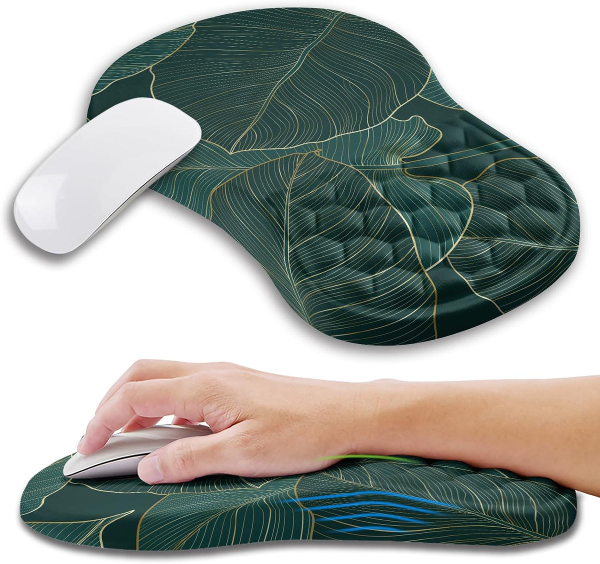 Ergonomic Mouse Pad Wrist Support with Memory Foam Massage Bulge, Carpal Tunnel Pain Relief Mousepad Wrist Rest for Mouse(12x8 inch, Leaves)