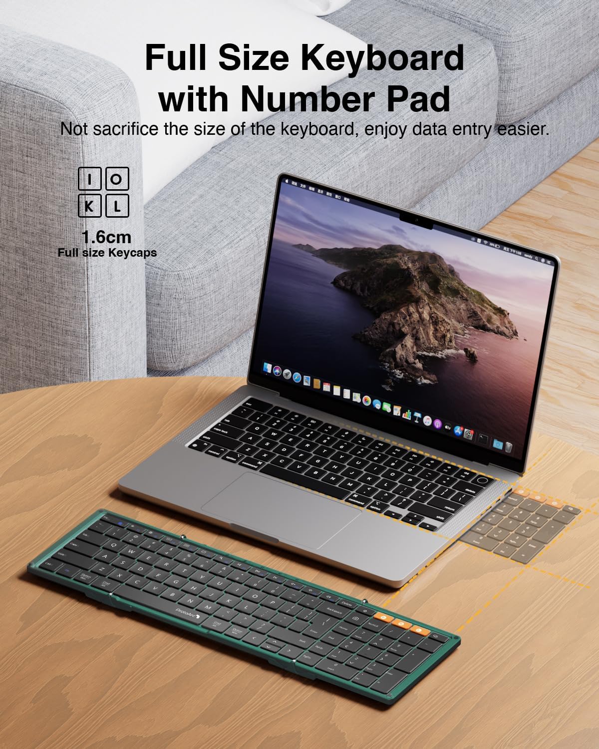 ProtoArc Foldable Bluetooth Keyboard, XK01 Folding Wireless Portable Keyboard with Number Pad, Full-Size Travel Keyboards for Windows iOS Android Tablet Smartphone Laptop PC - Dark Green