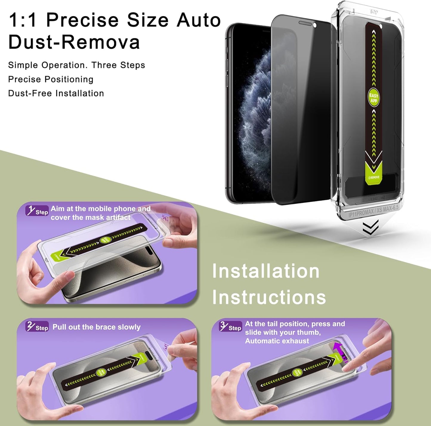 (2-Pack Anti-Spy Privacy Screen Protector for iPhone 11 Pro Max/XS Max(6.5-Inch),9H Tempered Glass,Full Coverage,Anti-Fingerprint,Auto Dust Removal,Bubble-Free,Easy Installation