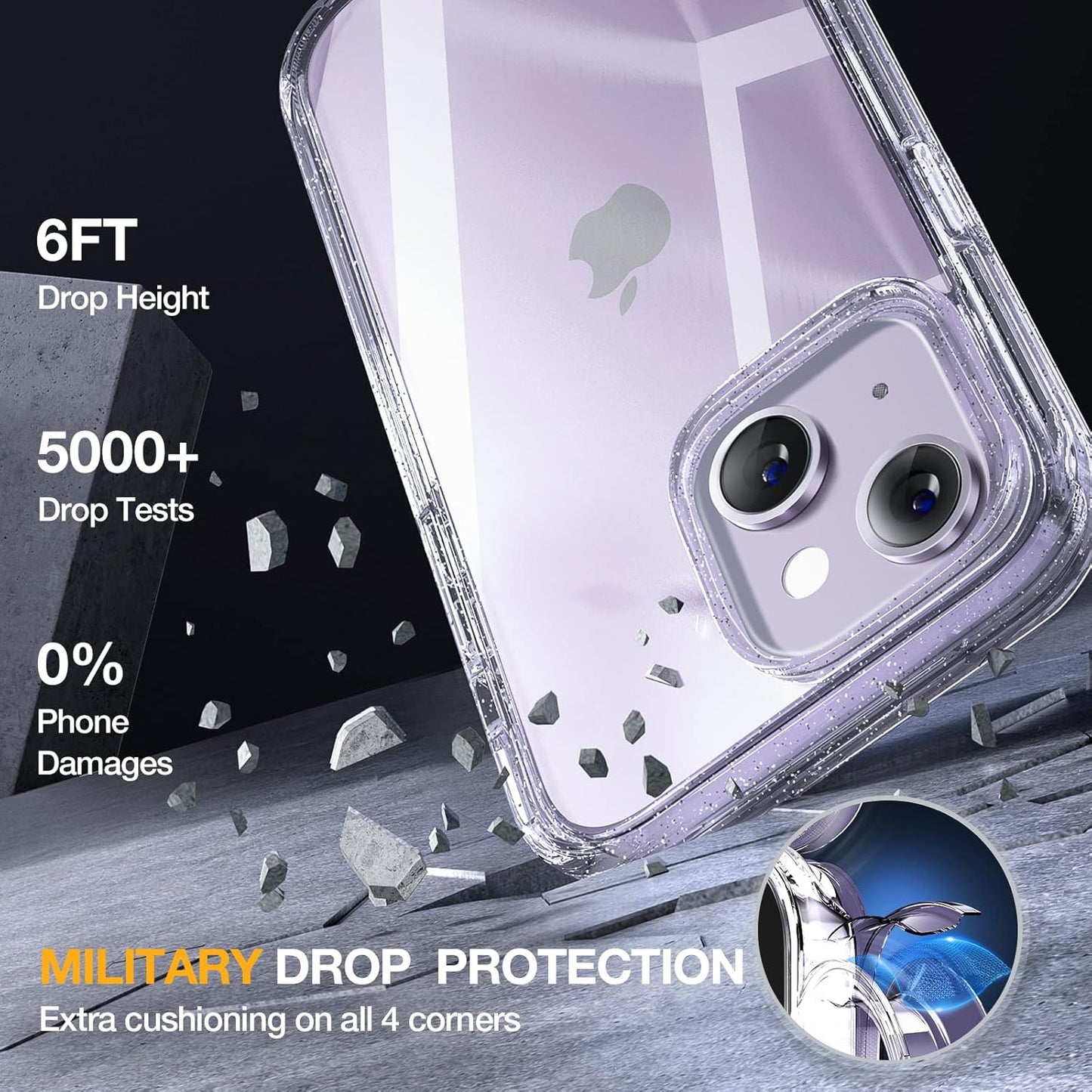 Miracase Designed for iPhone 14 Case 6.1 inch, [Built-in Tempered Glass Screen Protector] [Bubble Free] Full-Body Protective Bumper Phone Case with Camera Lens Protector, Clear Glitter