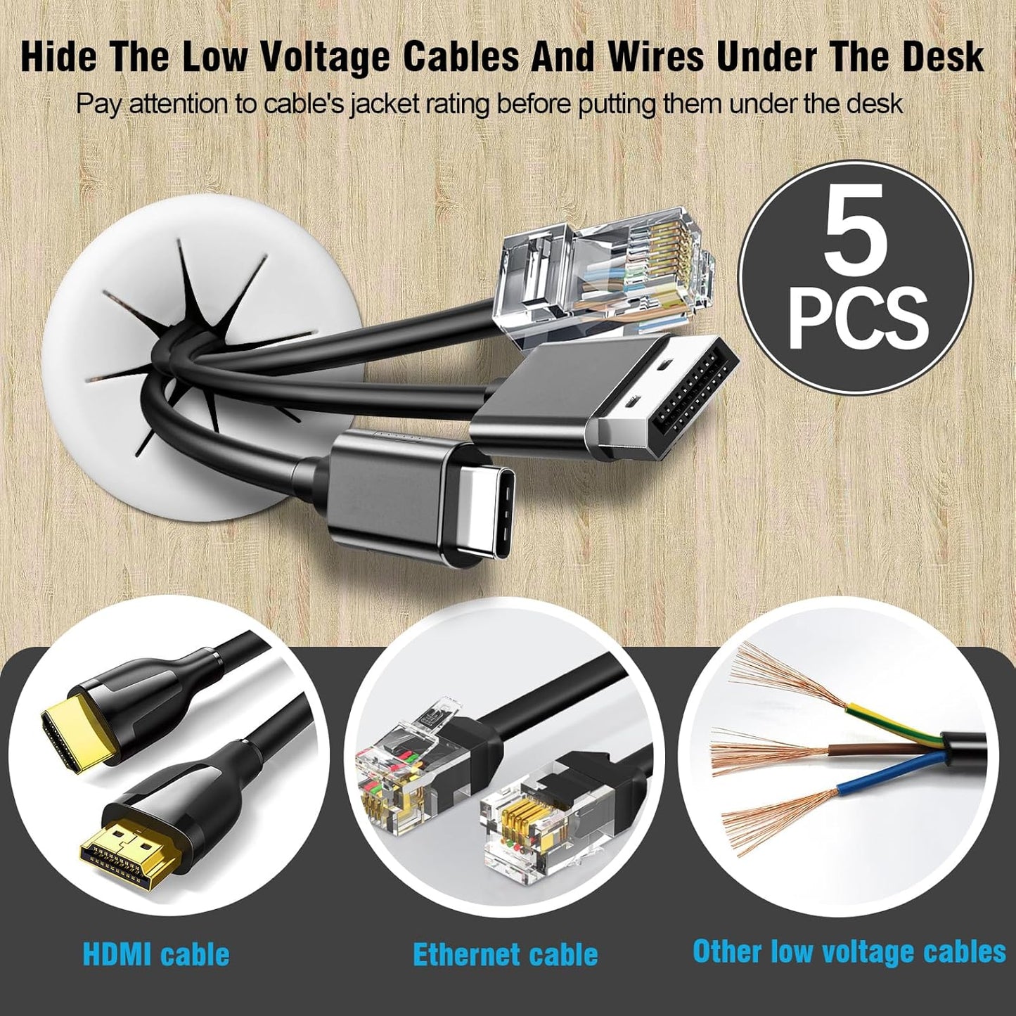 2" White Desk Grommet, JTemgle Flexible Cable Grommet Rubber Cable Hole Cover Wire Organizer Caps Desktop Cord Management for Home Office TV Stands Tabletops, 5 Pieces