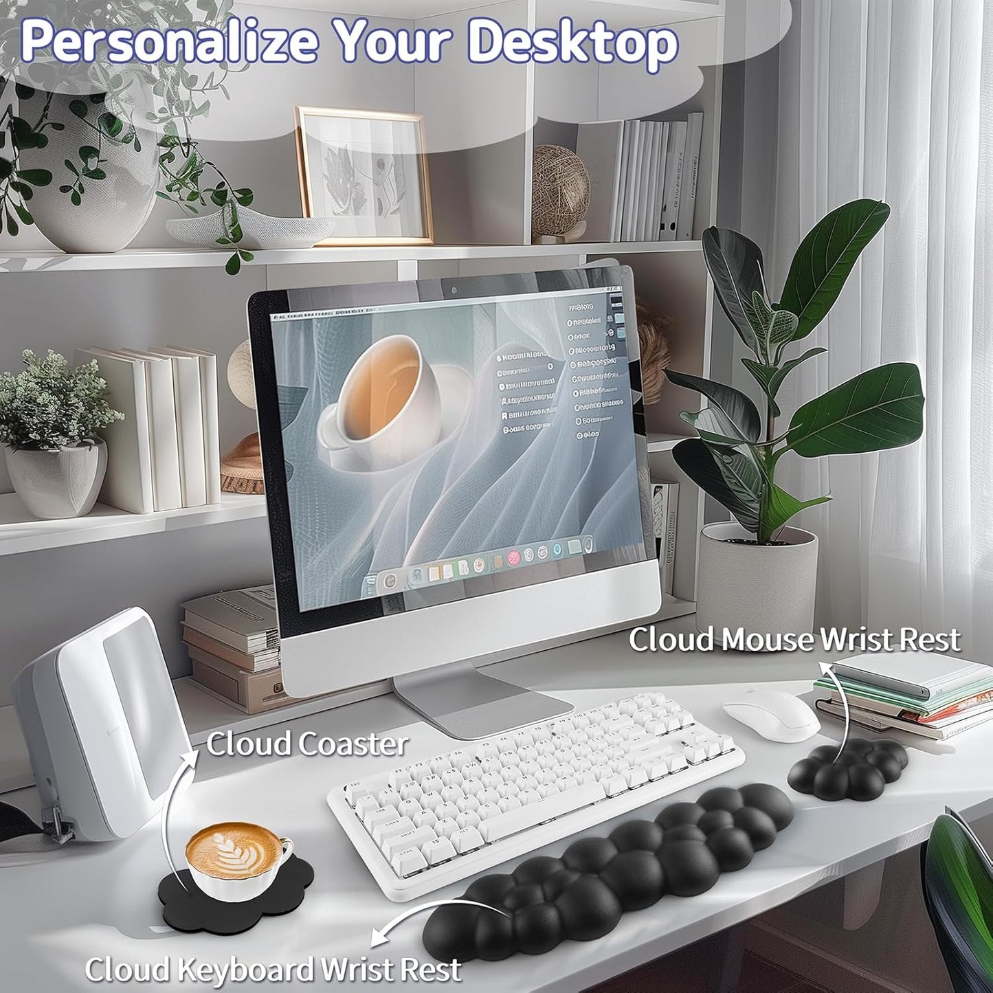 Cloud Wrist Rest Keyboard, Cloud Keyboard Wrist Pad Set with PU Leather Memory Foam, Cute Arm Rest for Palm Support, PC/Gaming Desk Accessories/Office Setup/Computer Hand Cushion - Black