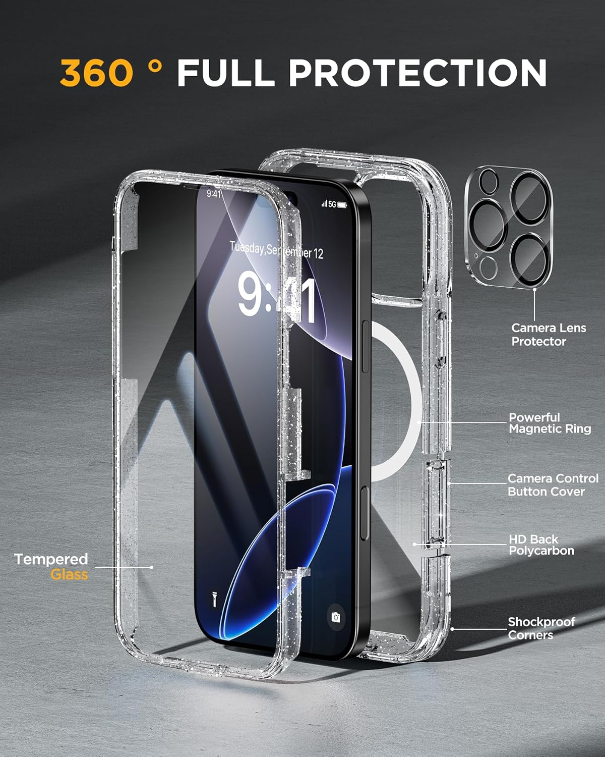 Miracase Magnetic for iPhone 16 Pro Case Full-Body Phone with Built-in Glass Screen Protector, [Compatible with MagSafe] Military Drop Proof 16 Pro Cover Bumper 6.3 inch, Clear Glitter