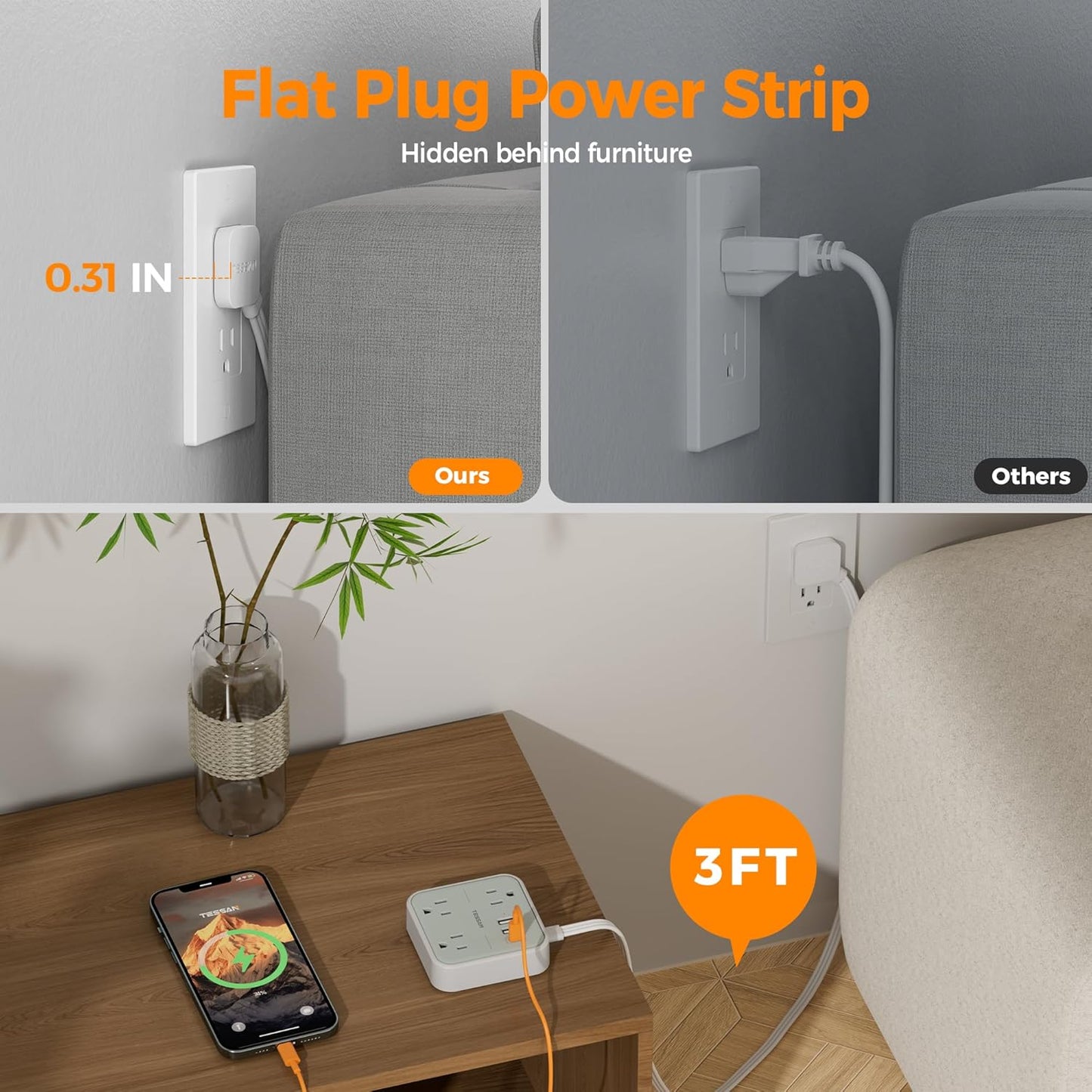 Short Extension Cord with Multiple Outlets 3 FT, TESSAN Small Flat Plug Power Strip with 3 USB (1 USB C) and Multi Outlets, Surge Protector Charging Station for Office, School, Dorm Room Essentials