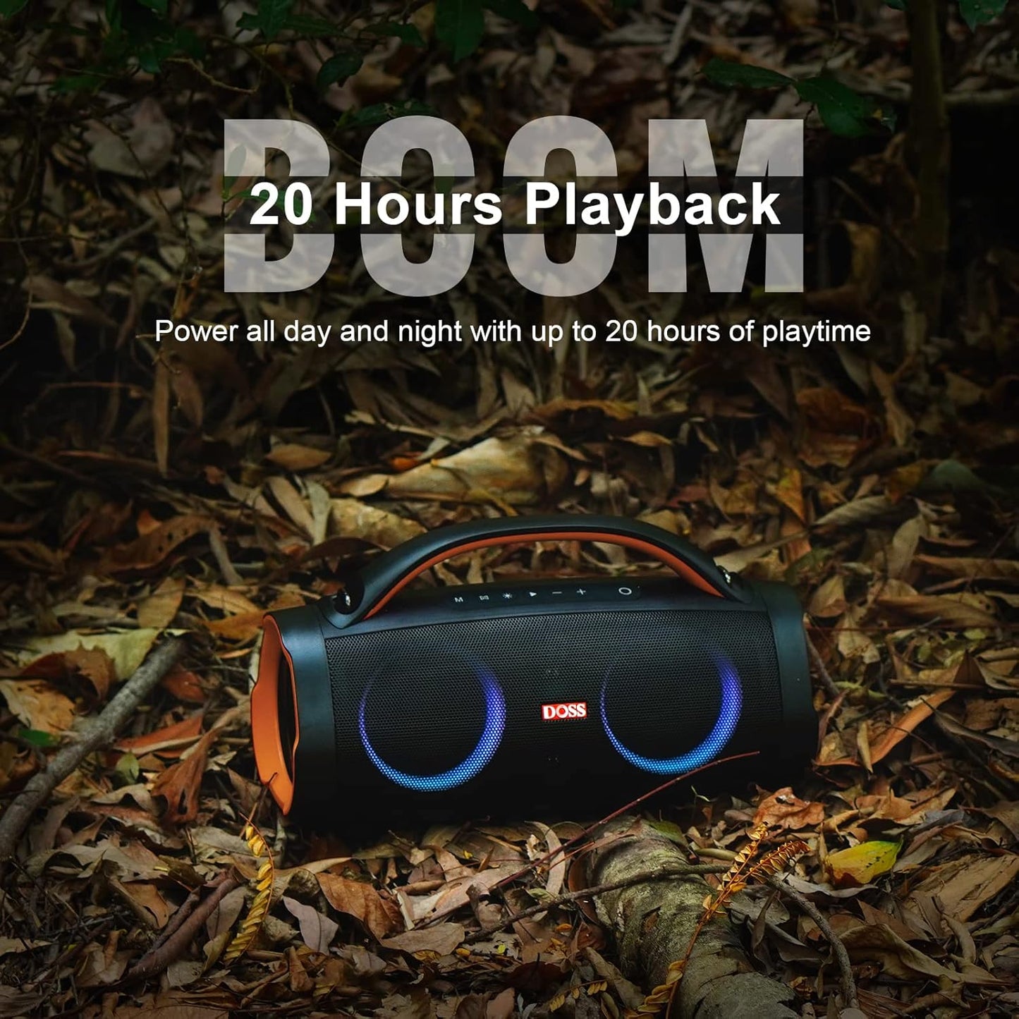 DOSS Extreme Boom Pro Bluetooth Speaker with 100W Stereo Sound, Rich Bass, IPX6 Waterproof, 20H Playtime, Power Bank, Mixed Color Light, Portable for Outdoor, Camping, Beach - Orange