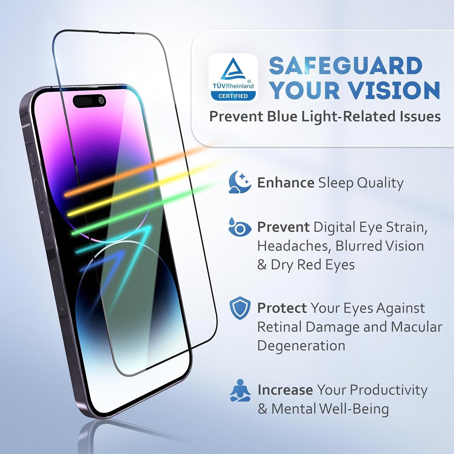 Deppa |2 Pack| Anti-Blue Light Screen Protector for iPhone 14 Pro (6.1')| Scratch Resistant Tempered Glass | 3D Edge to Edge Coverage | Easy Installation Kit | Eye Safeguard TÜV Certified