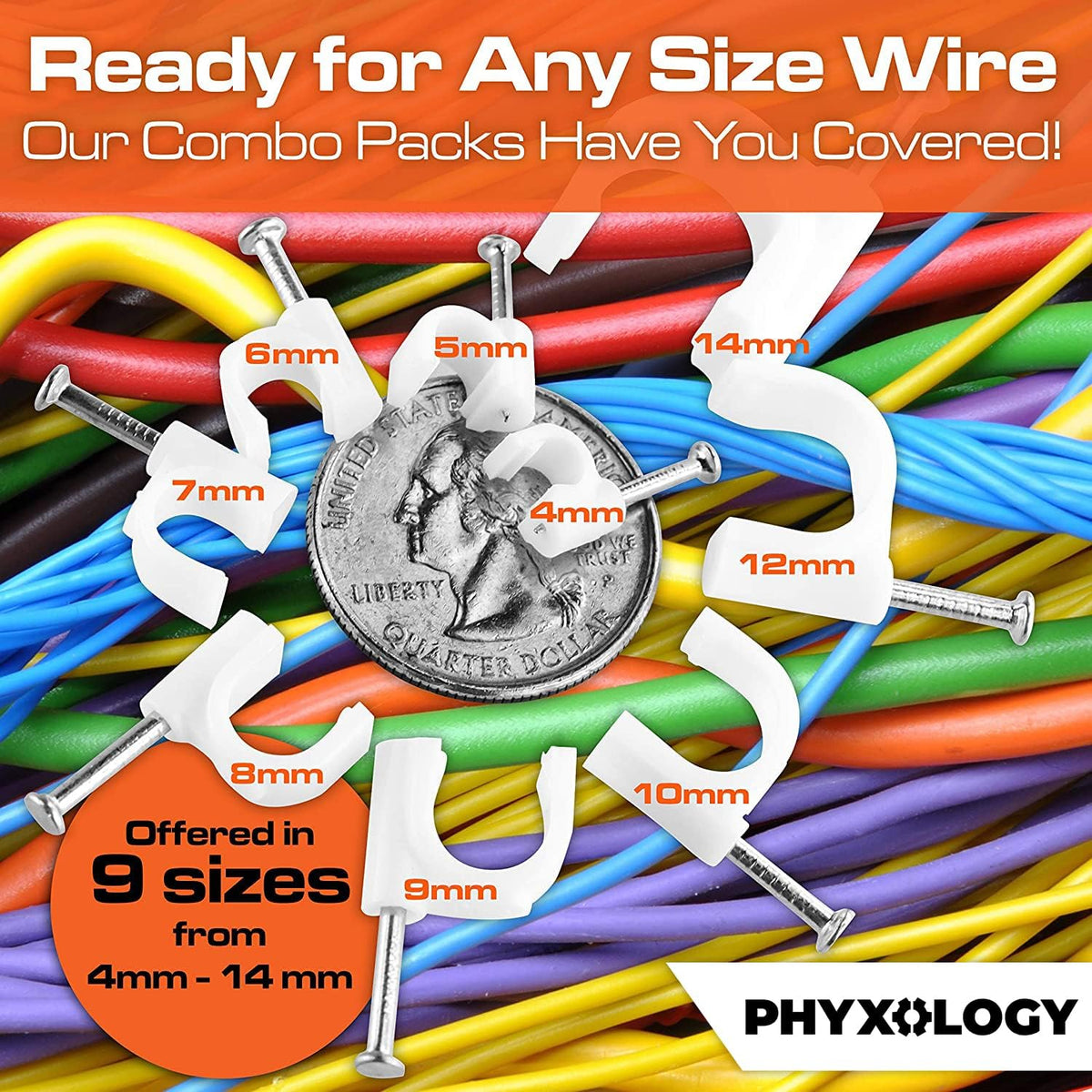 Pro-Grade, Cable Clips with Steel Nails 6mm, 8mm, 10mm, 12mm Size Wire Holders and Tacks 100 Each. Durable, UV Resistant Easy Install Plastic Clips Organize Coax, Ethernet, Cat5, Cat6 and Other Cords