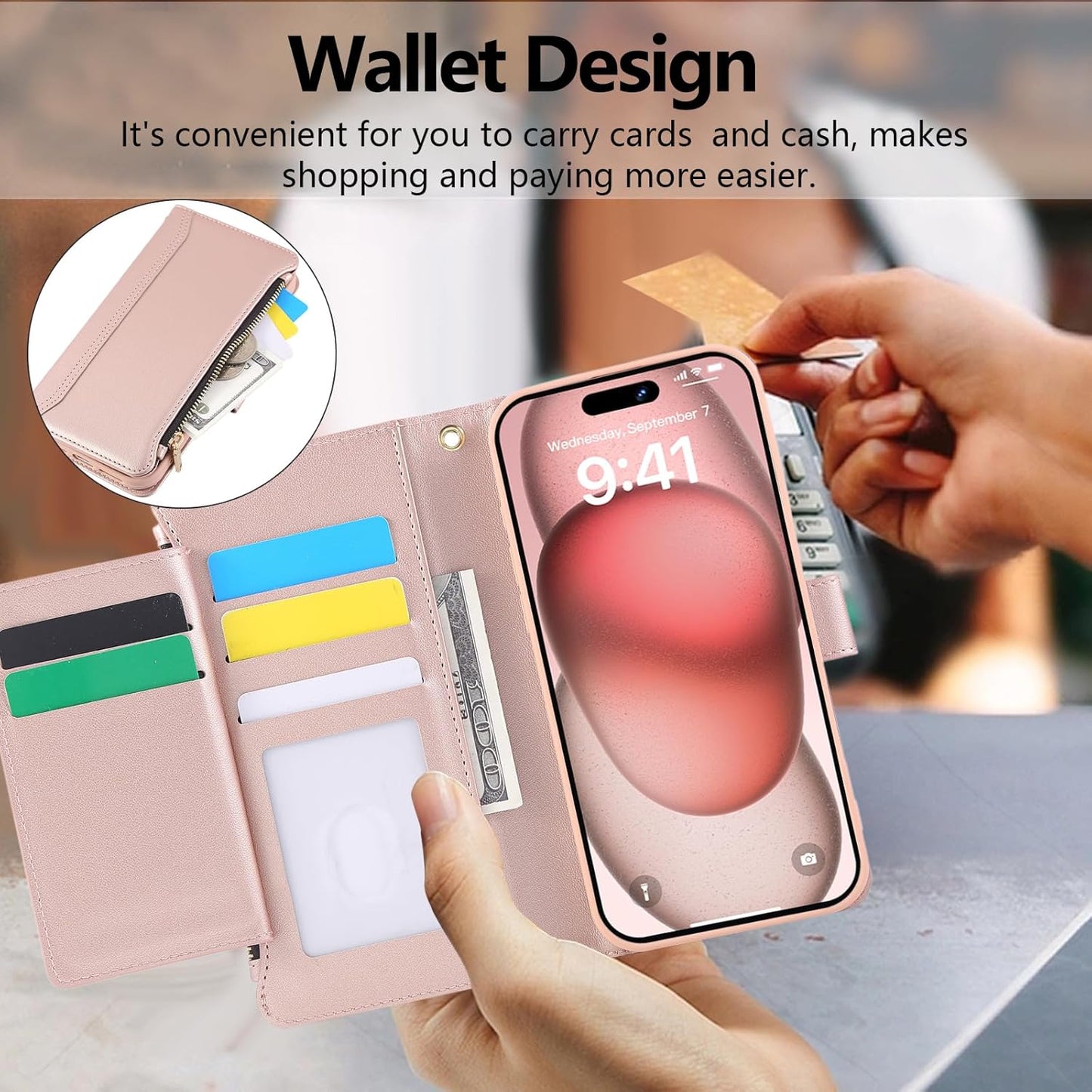 Compatible with iPhone 16 Pro Max Wallet Phone Case-PU Leather Magnetic Flip Cover with Credit Card Slots,Zipper Pocket & Detachable Wrist Strap,Shockproof Design,for Women and Men-Pink