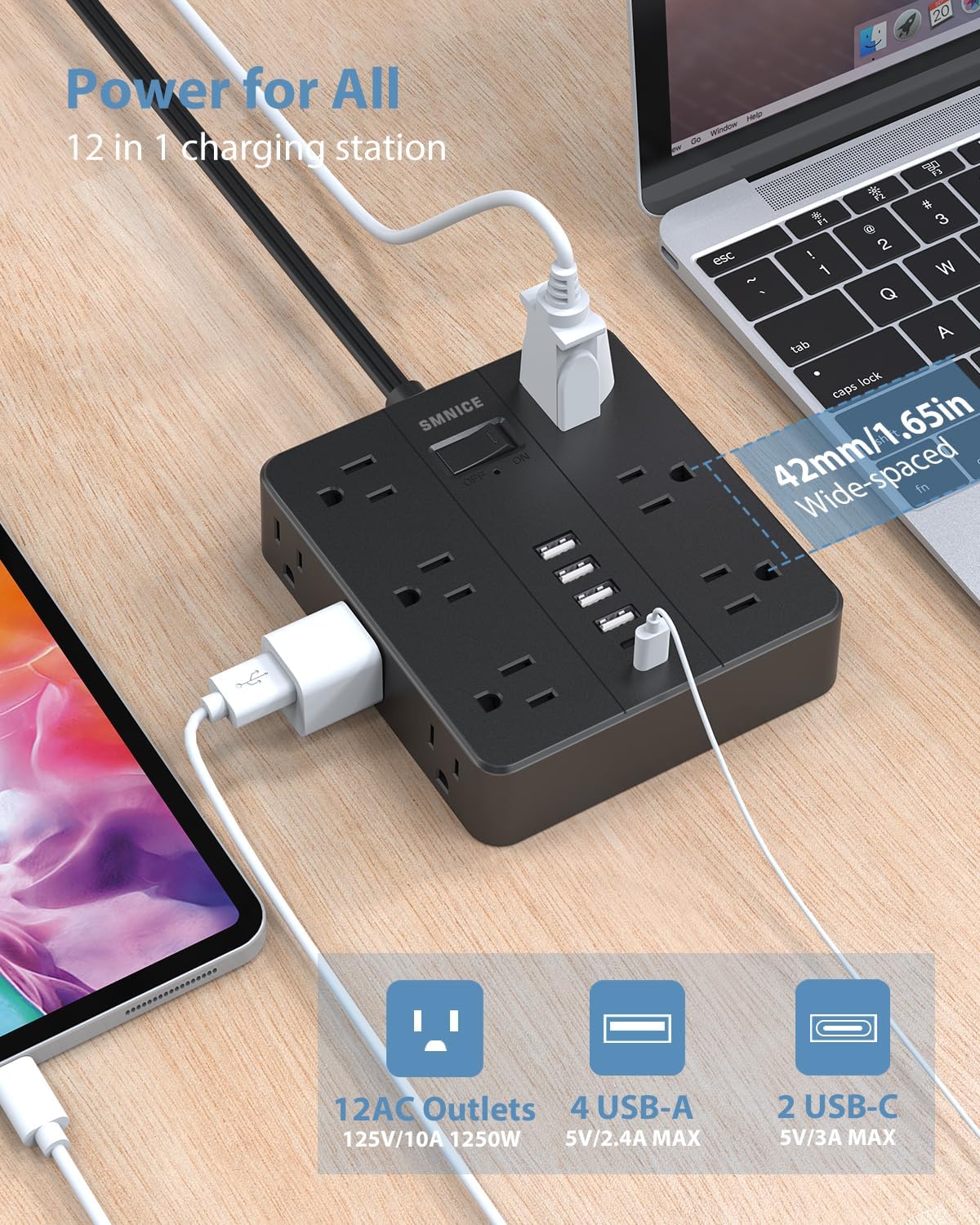 Power Strip Flat Plug with 12 Outlets 6 USB(2 USB C),SMNICE Surge Protector Charging Station with Overload Protection,5ft Extension Cord Widely Spaced Multiple Outlets for Home Office Dorm,Black