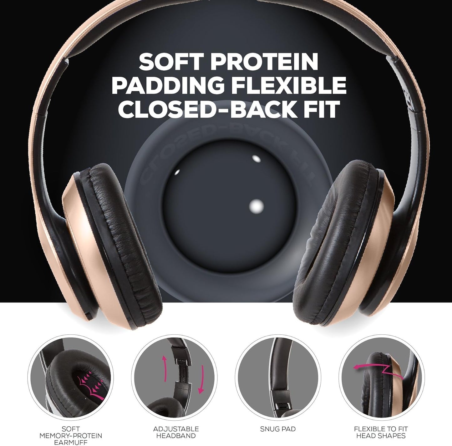 iJoy Bluetooth Headphones Over Ear, Wireless and Wired Foldable Headset Built-in Microphone, FM, Micro SD Card Slot - (Gold) Adults Kids Men Women
