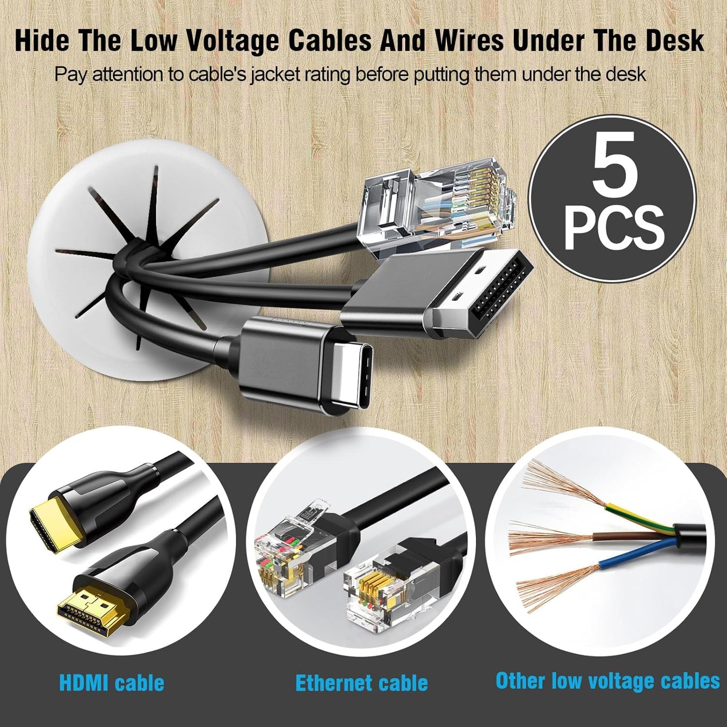 2-3/8" White Desk Grommet, JTemgle Flexible Cable Grommet Rubber Cable Hole Cover Wire Organizer Caps Desktop Cord Management for Home Office TV Stands Tabletops, 5 Pieces