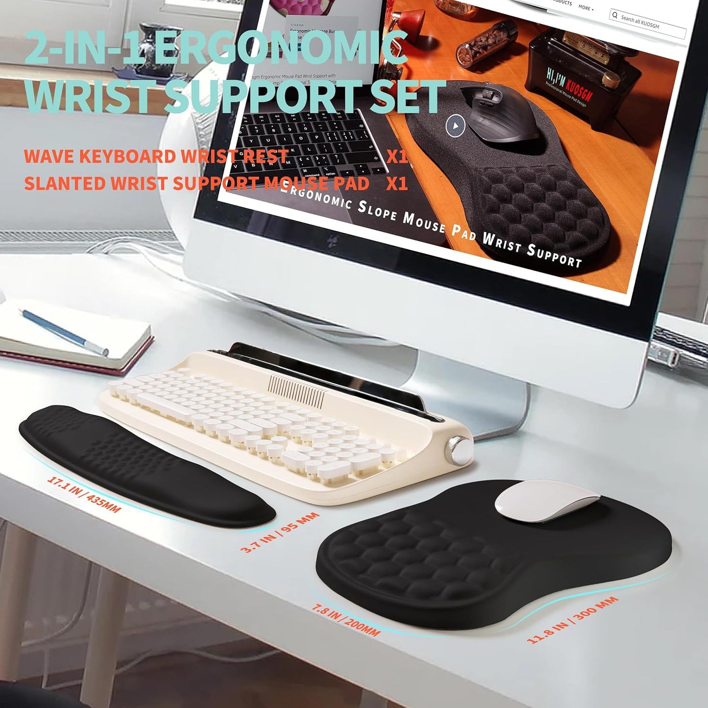 2-in-1 Ergonomic Set, Wave Rise Keyboard Wrist Rest and Massage Bulge Slope Mouse Pad Wrist Support, Cushion Memory Foam Integrated to Relieve Wrist Pain, Black