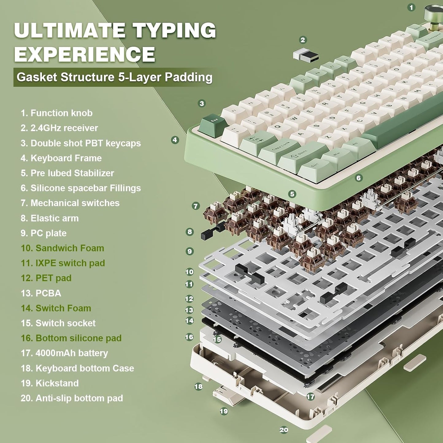 YUNZII B75 PRO Wireless Mechanical Keyboard,75% Layout with Knob,Hot Swap Gasket Structure,Creamy Pre-lubed Switches,RGB Backlit,Bluetooth/Type-C/2.4G for Win/Mac (Matcha Green, Cocoa Cream V2 Switch)