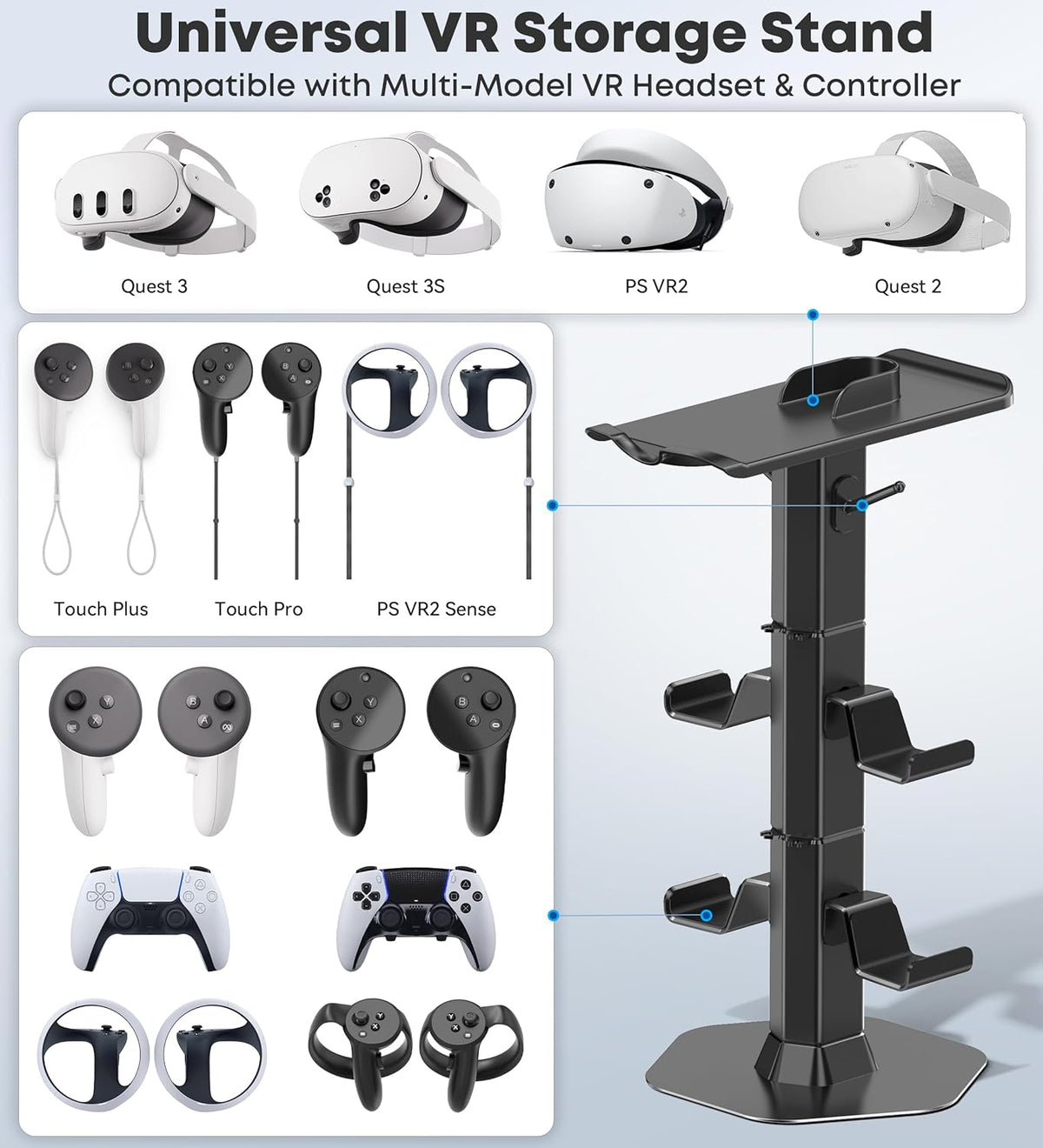 Headphone & Controller Stand with VR Headset Holder for Desk, Universal Gaming Controller & Headset Holder for PS5/Xbox/PSVR2/Meta Quest Pro/3/2, Headphone/Controller/VR Storage with Cable Organizer