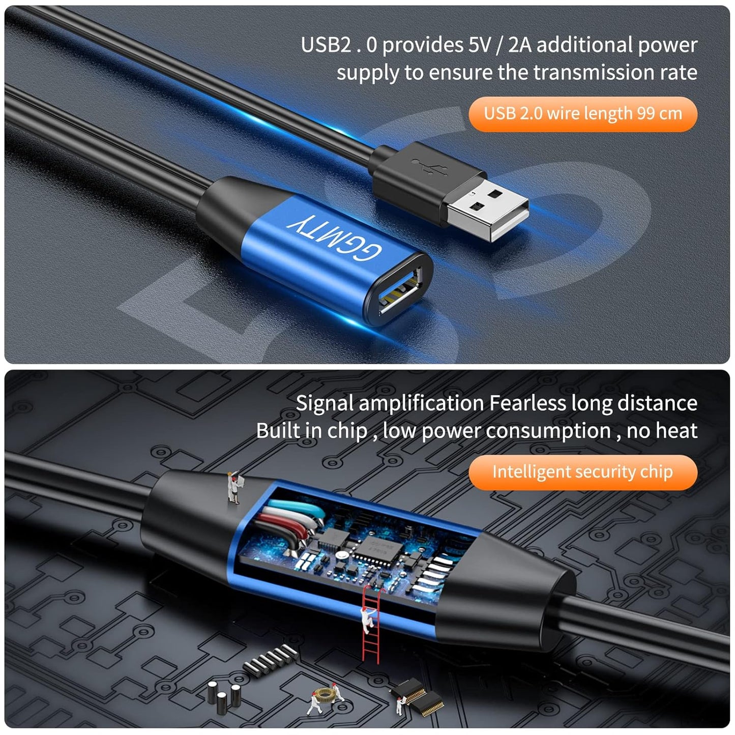 USB 2.0 Type A Male to A Female Active Repeater Extension Cable 30ft, High Speed 480 Mbps