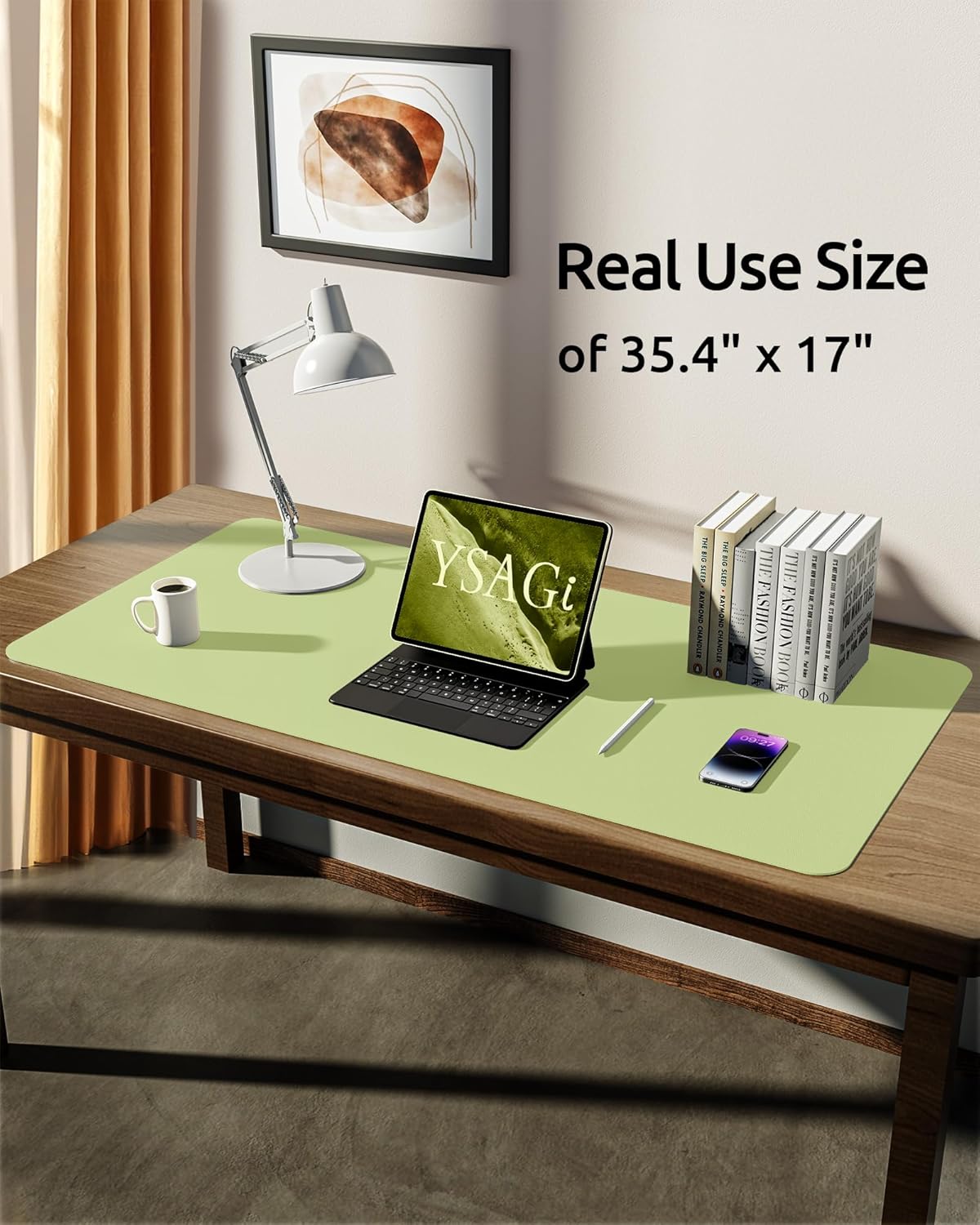 YSAGi Leather Desk Protector, Office Mat, Large Mouse Mat, Non-Slip PU Leather Blotter, Laptop Desk, Waterproof Writing Pad for Office and Home (Peak Green, 35.4" x 17")