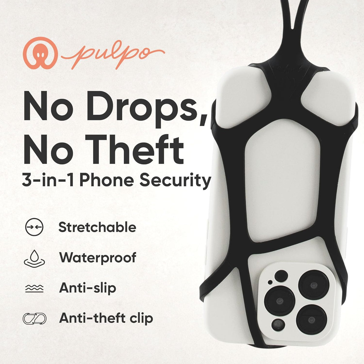 Pulpo Safety Cell Phone Lanyard Black Fits Smartphones 6.1" to 6.8” - Anti Theft Phone Strap for Men & Women, Lanyards for Phones, Hiking Phone Holder & Cellphone Lanyard, Silicone Crossbody Straps