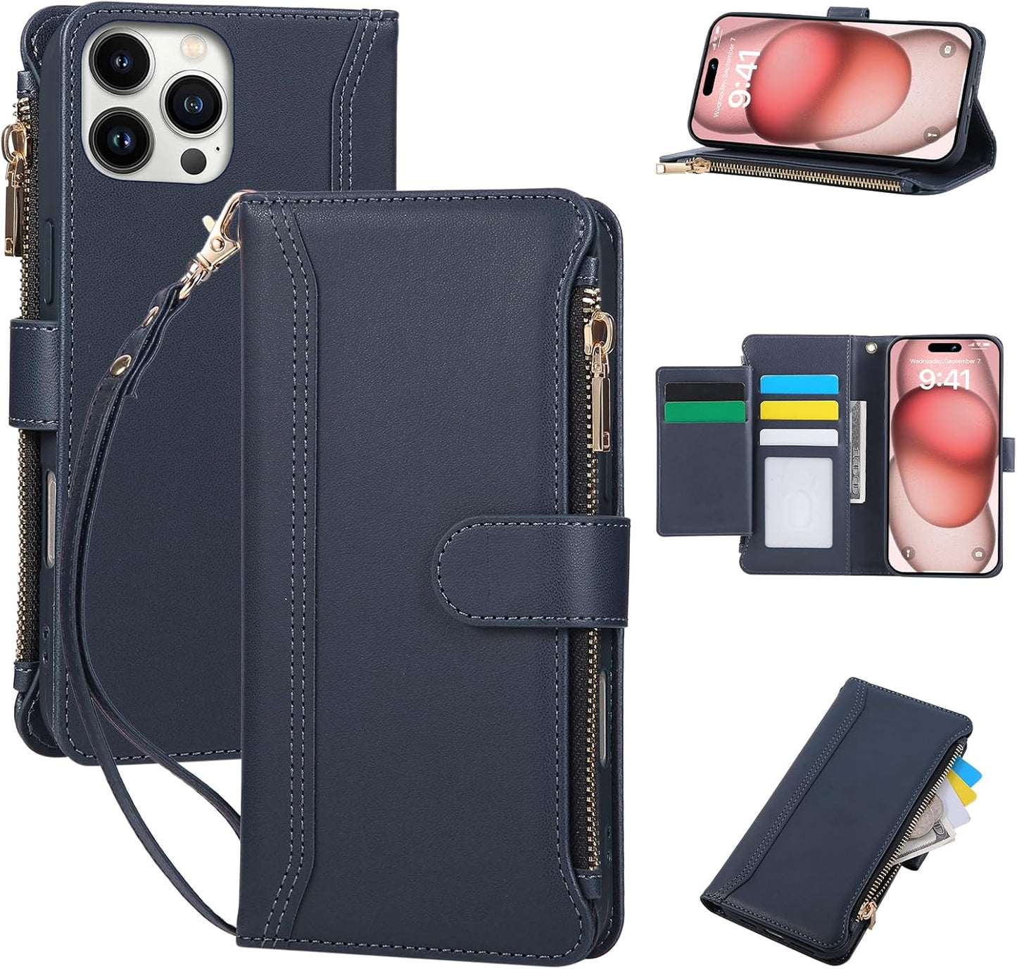 Compatible with iPhone 14 Pro Wallet Phone Case-PU Leather Magnetic Flip Cover with Credit Card Slots,Zipper Pocket & Detachable Wrist Strap,Shockproof Design,for Women and Men-Navy Blue