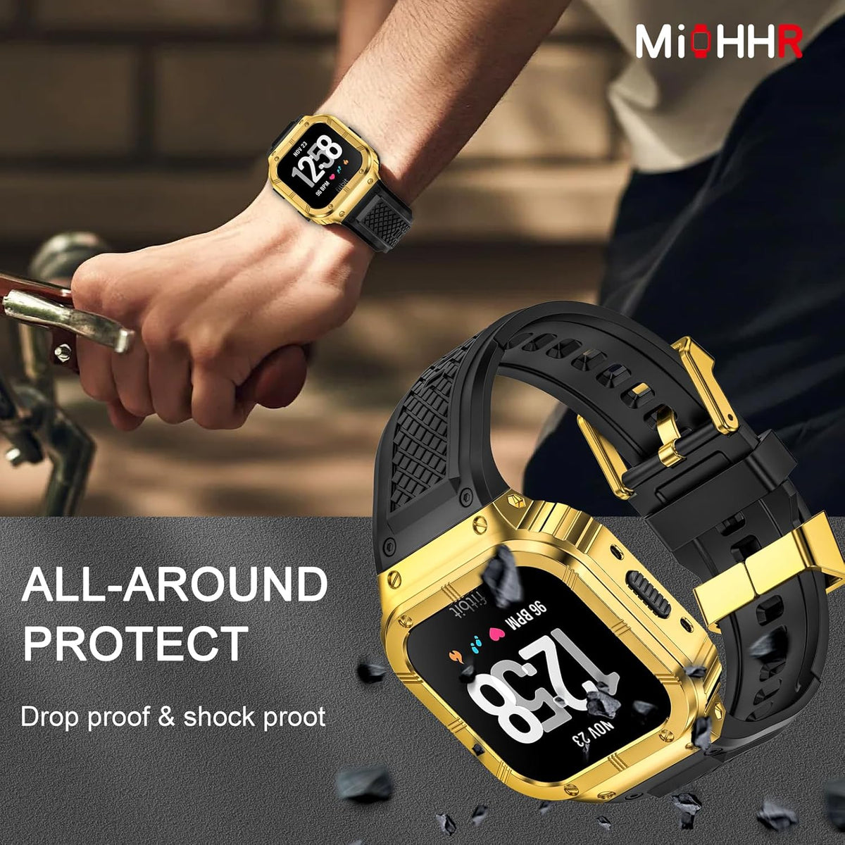 MioHHR Stainless Steel Case and Band Compatible with Fitbit Versa 4/3/2/Lite/Sense/Sense 2 Bands with Metal Case, Rugged Sports Protector Cover Silicone Wristbands for Men, Gold