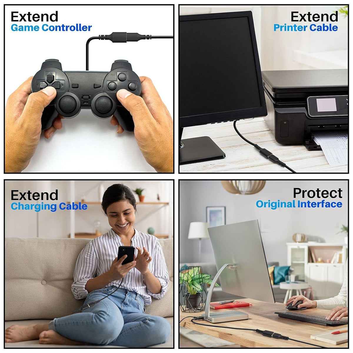 3 Pack USB 3.0 Extension Cable 8 Feet, USB A Male to Female Extender Cord, 5Gbps Data Transfer for Webcam, Printer, Keyboard, Mouse, Flash Drive, Hard Drive, Controller, Black Cable with 5 Cable Ties