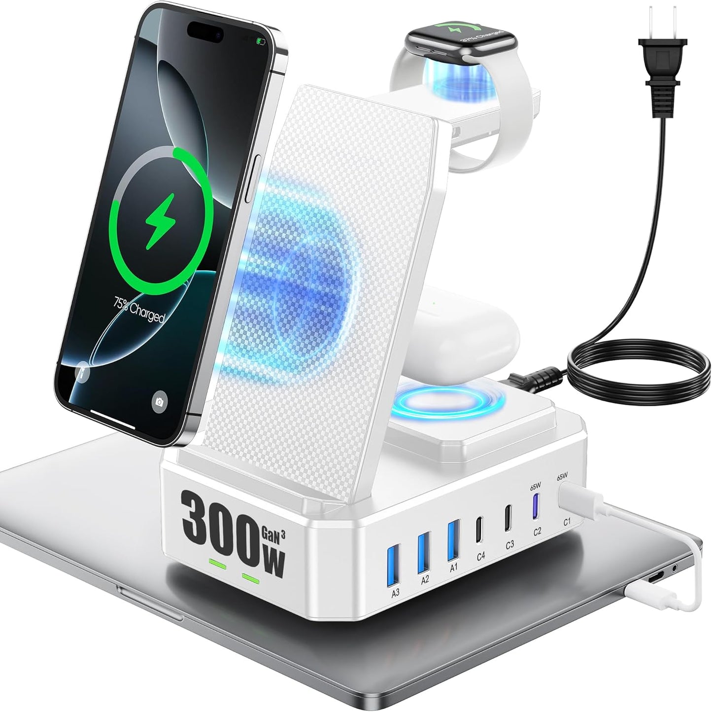 300W Charging Station for Multiple Devices Apple, Zutspzss 10 in 1 Wireless Charger for iPhone 16, GaN III USB C 65W PD Fast Charging Stand Dock for MacBook, Apple Watch&Airpods,White