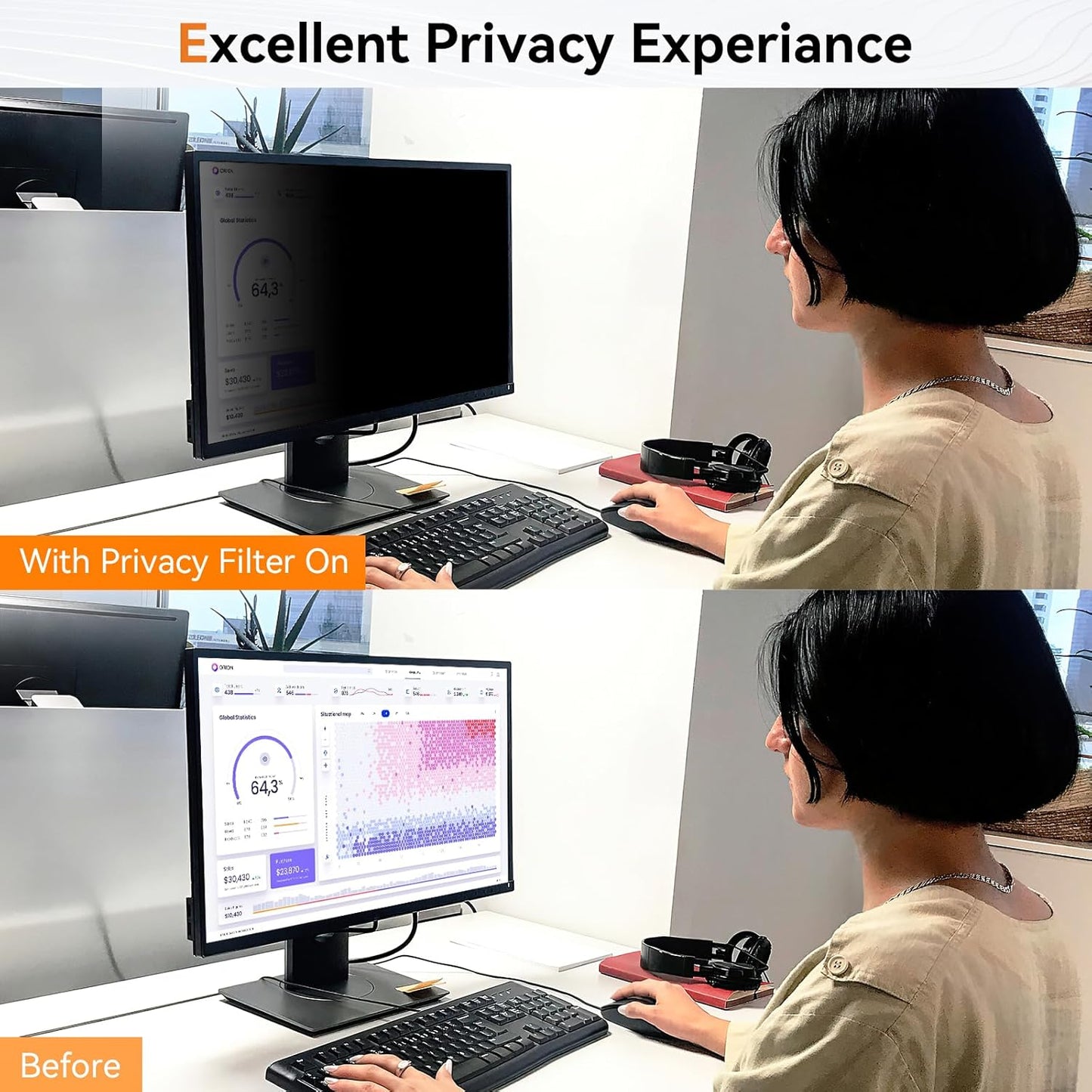 [2 Pack] 23.6 Inch Computer Privacy Screen for 16:9 Aspect Ratio Widescreen Monitor, Eye Protection Anti Glare Blue Light Computer Monitor Privacy Filter, Removable Anti-Scratch 23.6 Protector Film