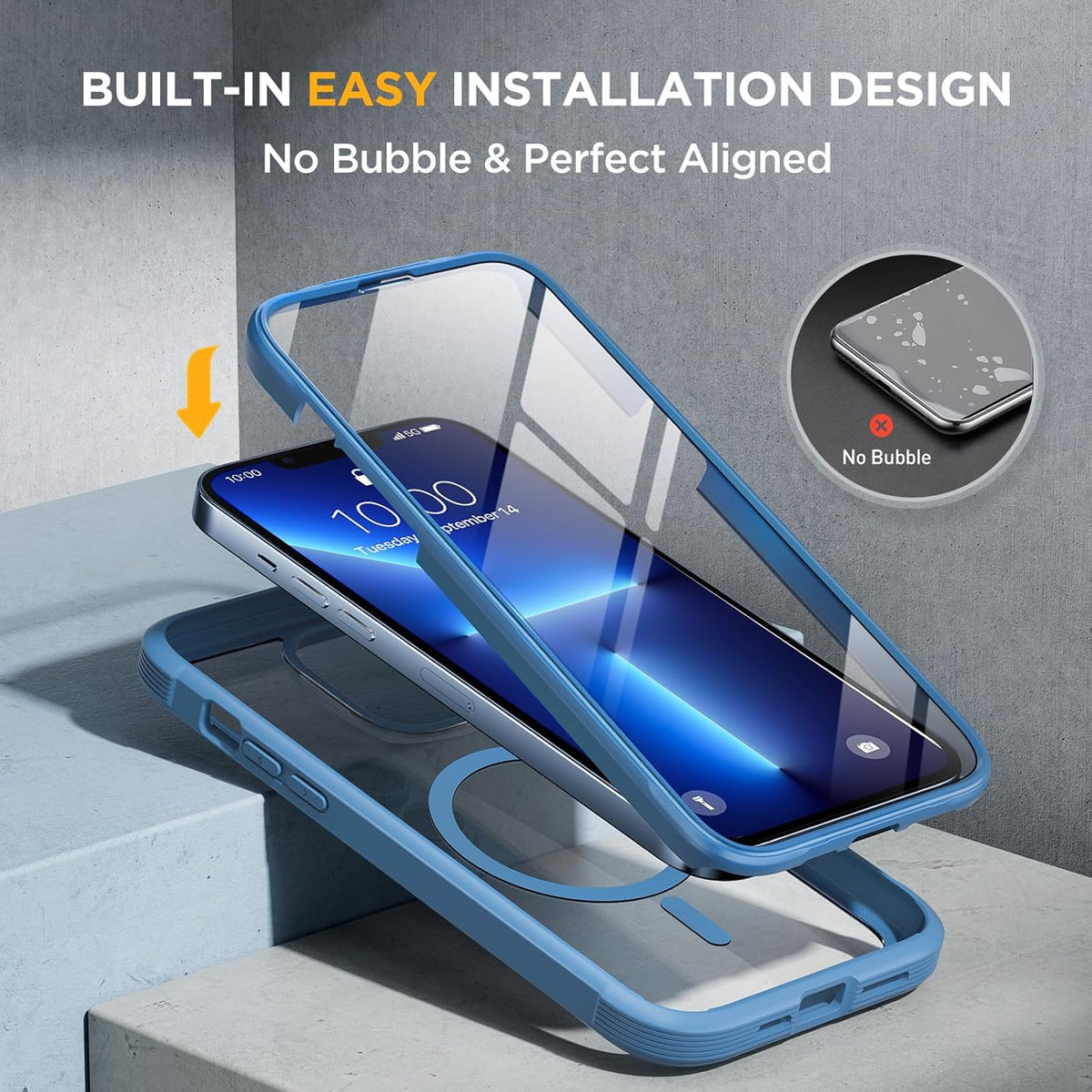 Miracase Magnetic Glass for iPhone 13 Pro Case,Compatible with MagSafe,Full-Body Protection Bumper with Shockproof Military-Grade,Built-in 9H Tempered Glass Screen Protector,Capri Blue