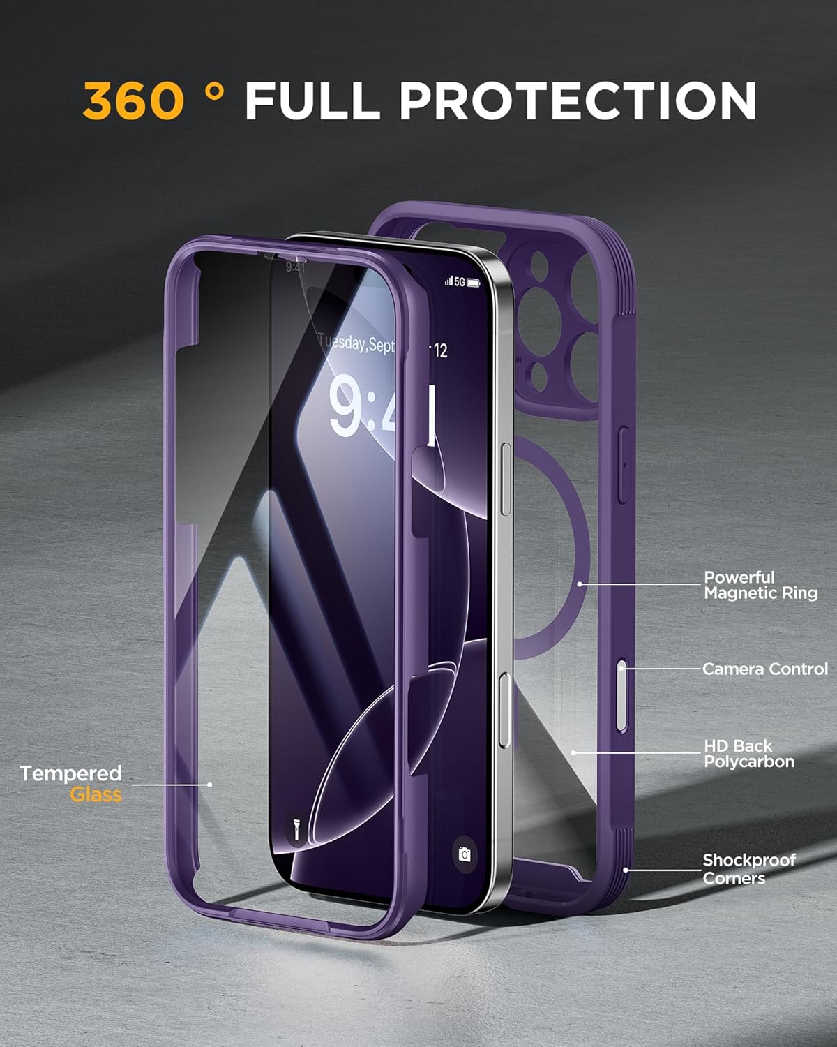 Miracase Designed for iPhone 16 Pro Max Case 6.9'' [Compatible with MagSafe] Full-Body Phone case with Built-in Glass Screen Protector,Drop Proof 16 Pro Max Cover, Purple