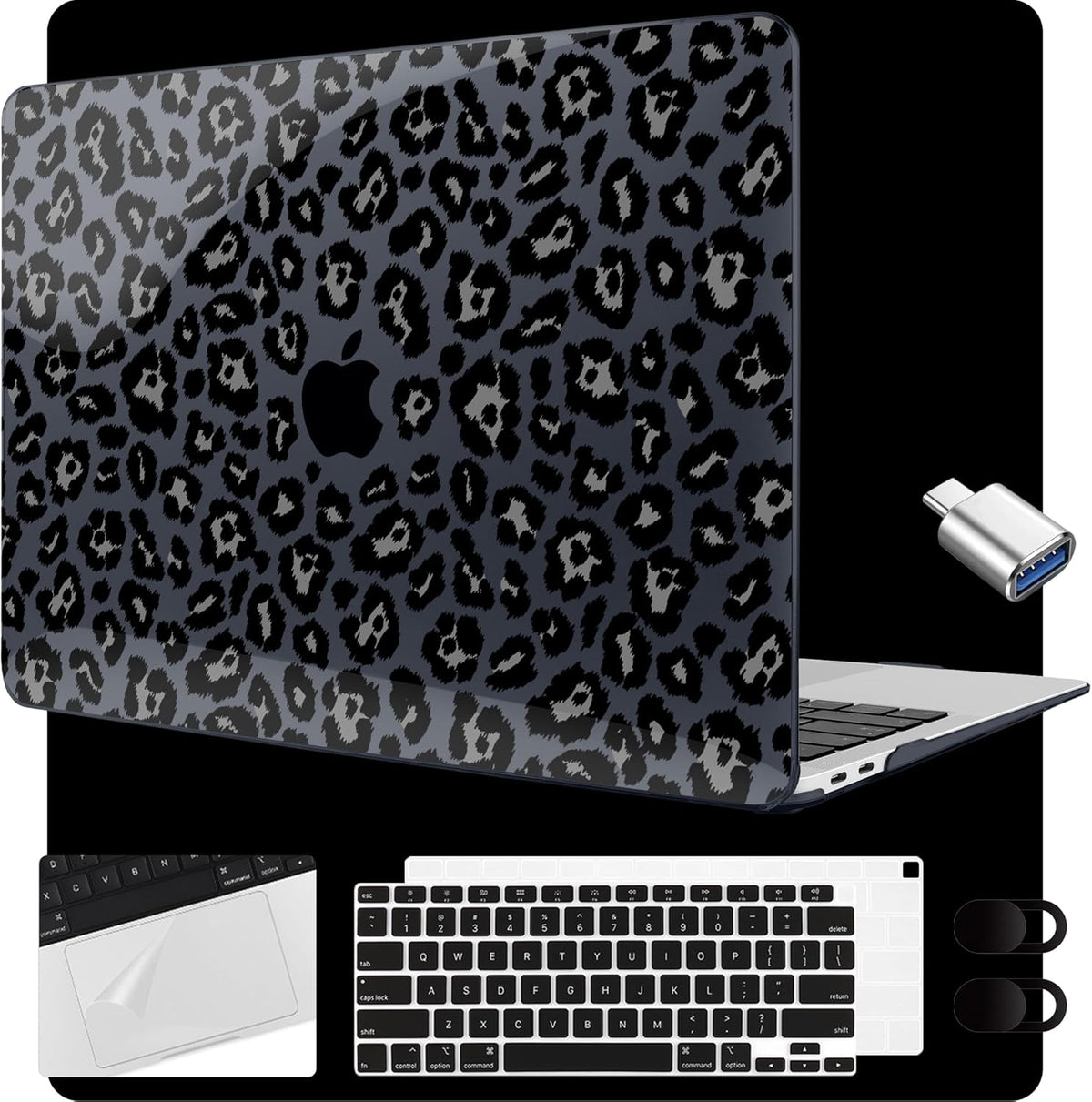 MEEgoodo for MacBook Air 13.3 inch Case 2021 2020 2019 2018 A2337 M1 A2179 A1932, Laptop Shell for MacBook Air M1 with Keyboard Webcam Cover & Trackpad Film & Type C Adapter,Snow Leopard Texture