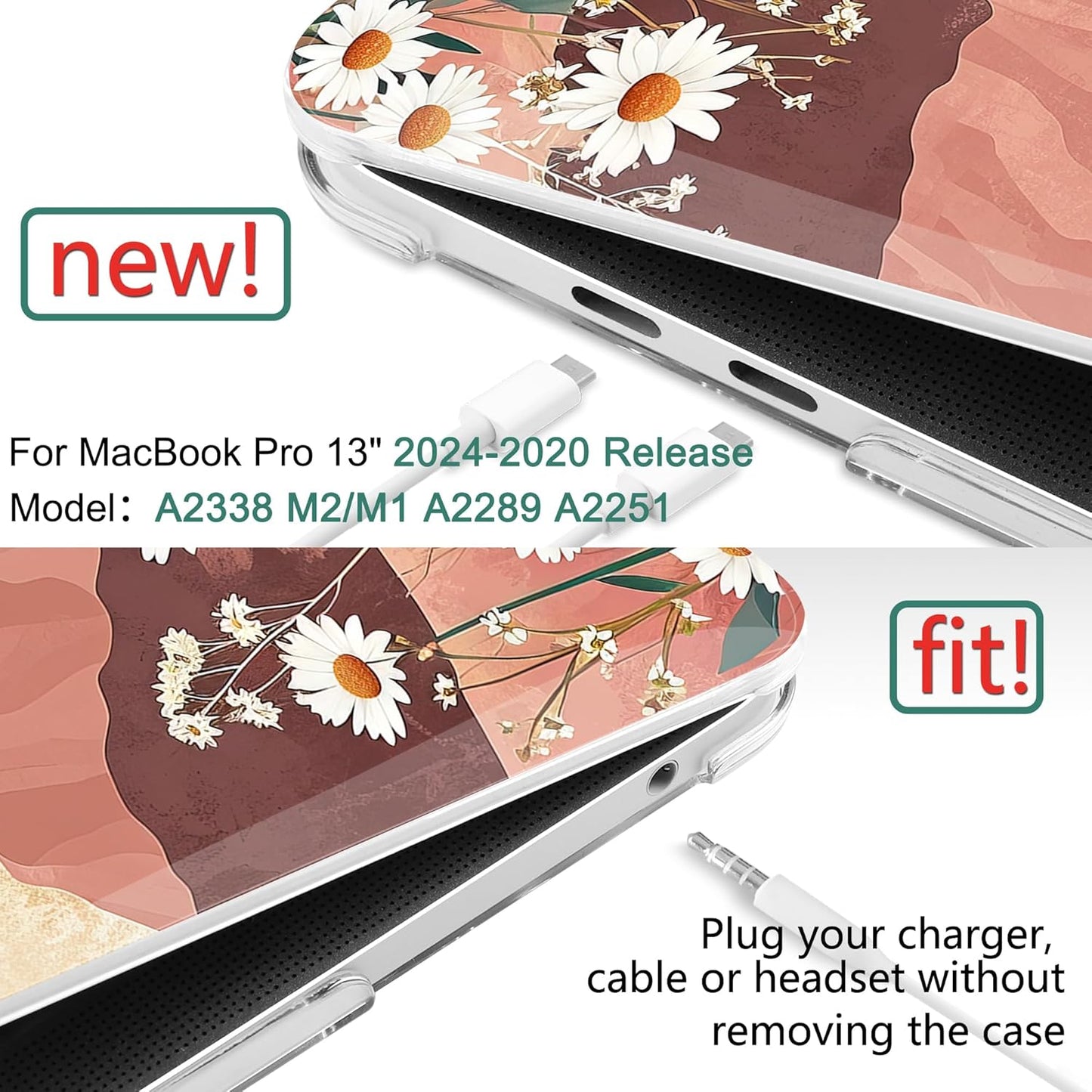 TWOLSKOO Compatible with MacBook Pro 13 inch Case 2023-2016 A2338 M2/M1 A2251 A2289 A2159 A1989 A1706, Plastic Hard Shell Cover & Keyboard Skin & Screen Protector, Mountains & Daisies