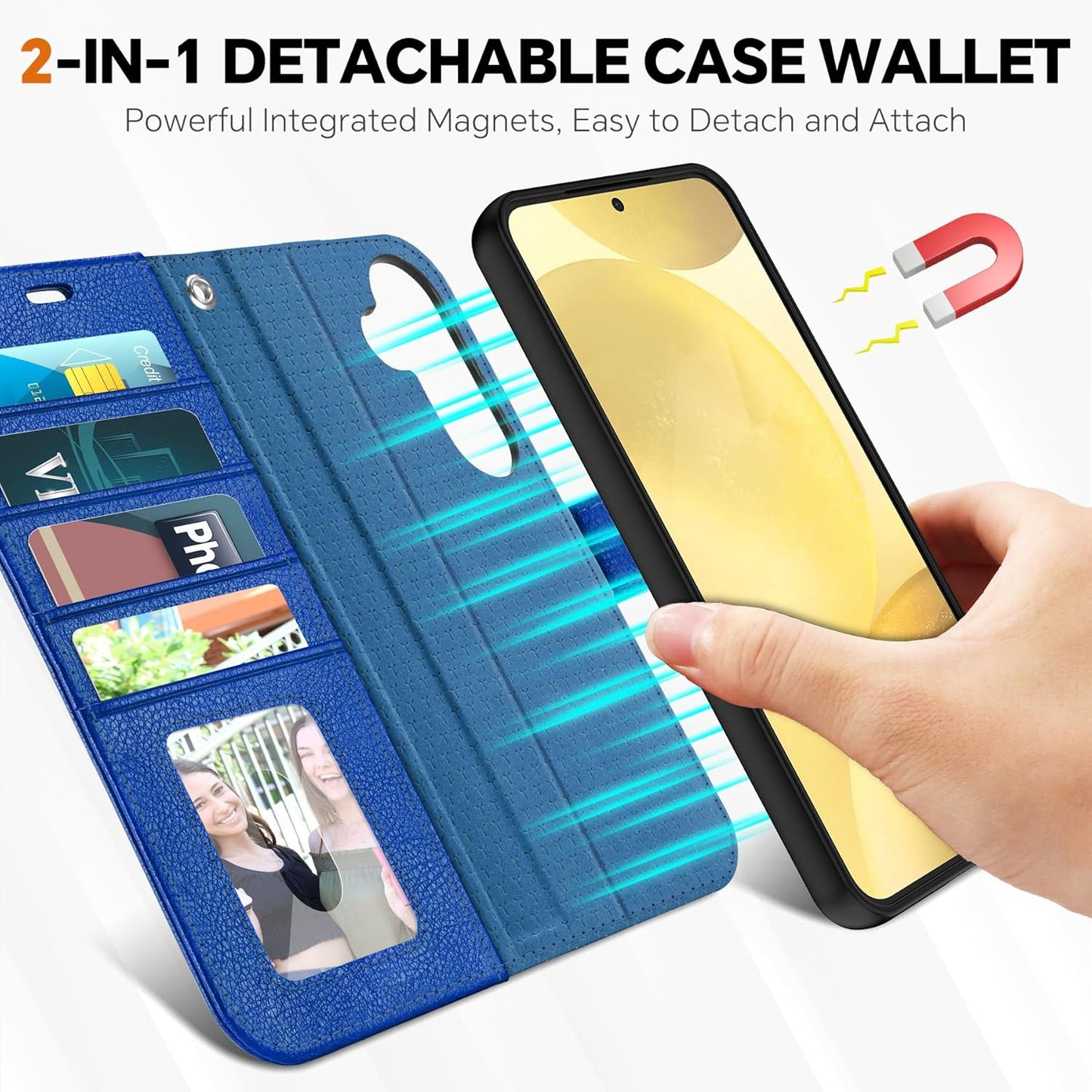 TUCCH Case Wallet for Galaxy S25 Plus, Removable [2 in 1] [Wireless Charging] Wrist Strap PU Leather Magnetic Stand RFID Blocking [4 Card Slots] Detachable Folio for Galaxy S25 Plus 6.7", Klein Blue
