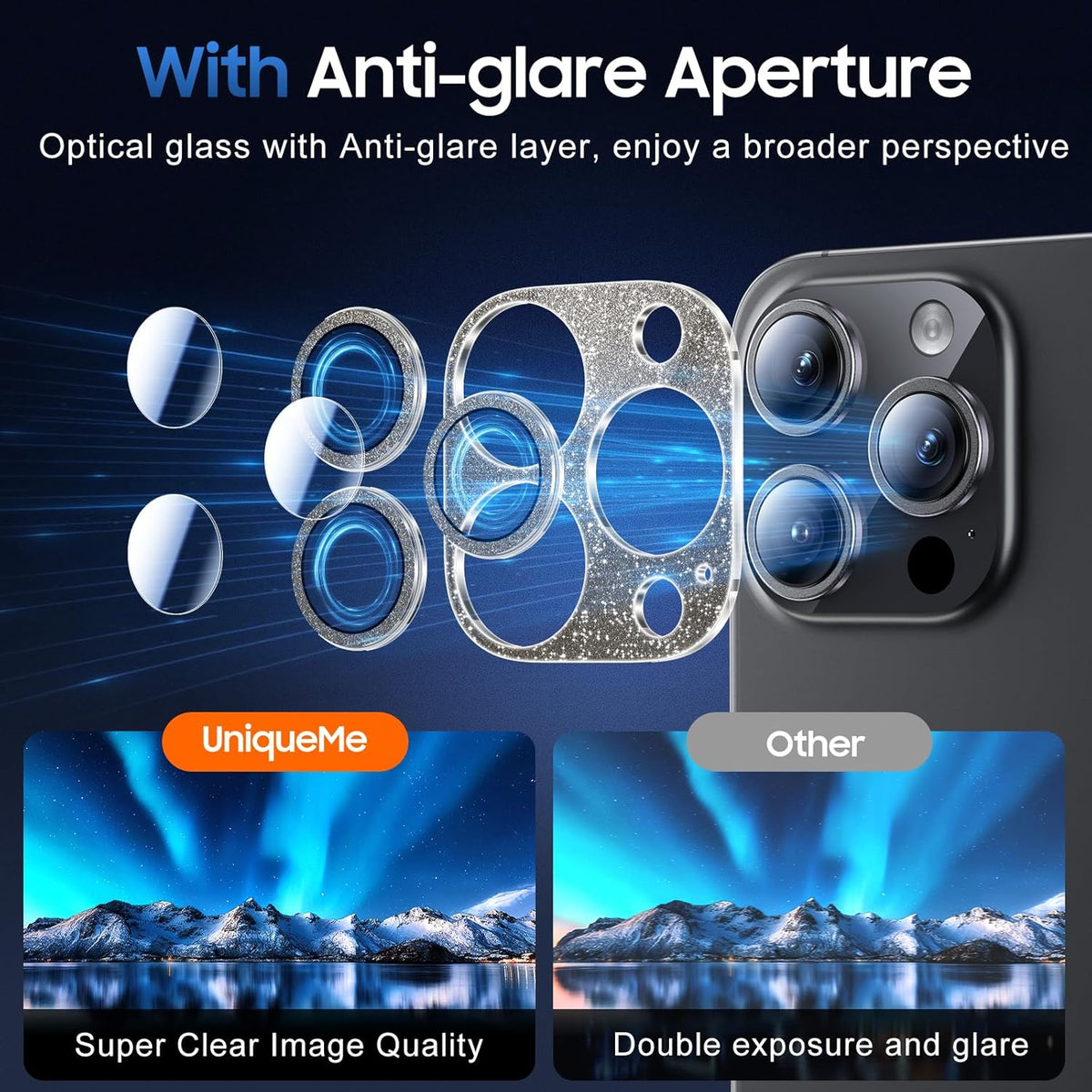 UniqueMe for 3 Pack iPhone 15 Pro/iPhone 15 Pro Max Camera Lens Protector, [Drop Protection] [Case Friendly] Camera Cover Screen [Update New Version] - Intergrated Glitter Black