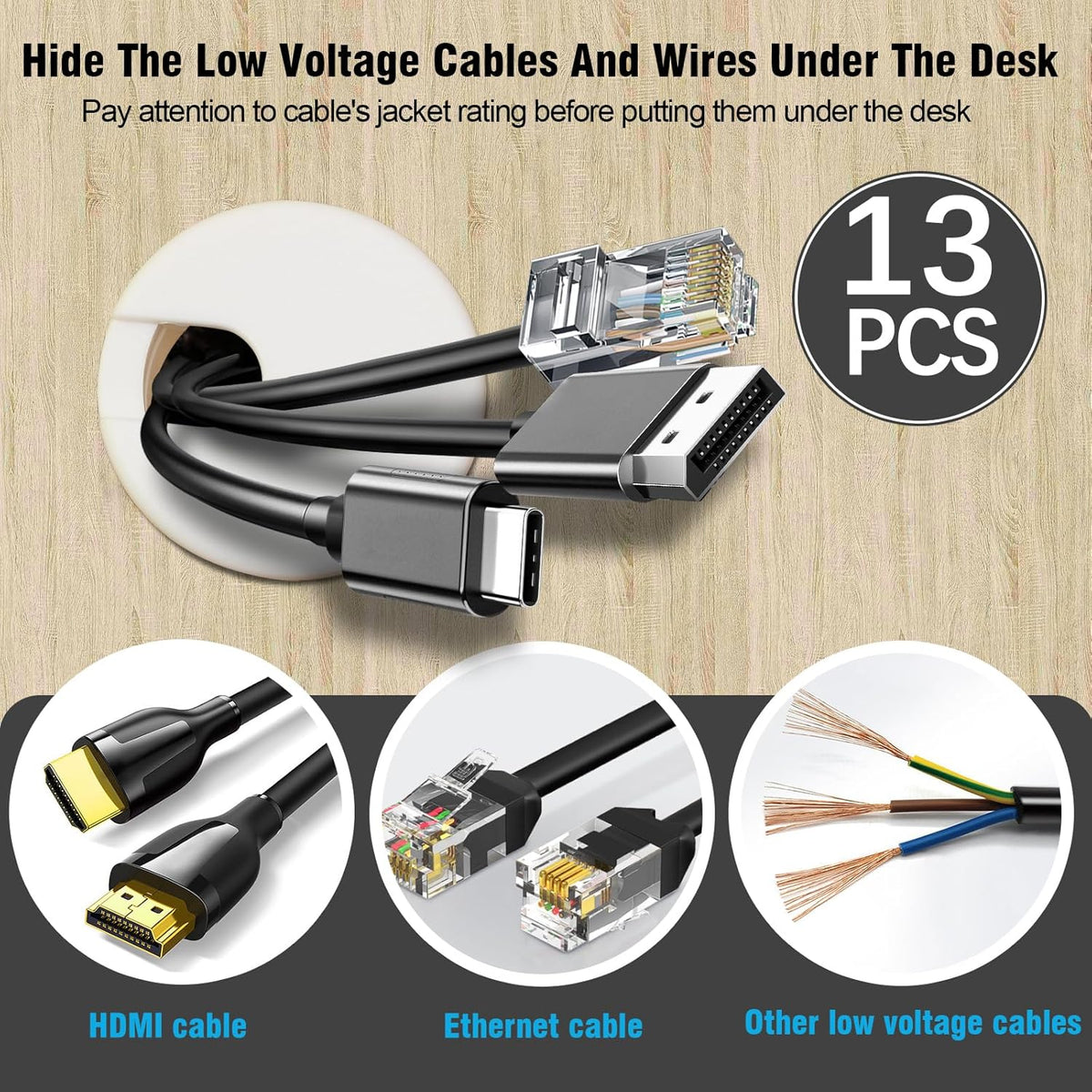 1-1/2" White Desk Grommet with Bi-Metal Hole Saw, JTemgle Plastic Cable Hole Cover Computer Table Cord Wire Organizer Caps, Desktop Cord Management for Home Office TV Stands Tabletops, 13 Pieces