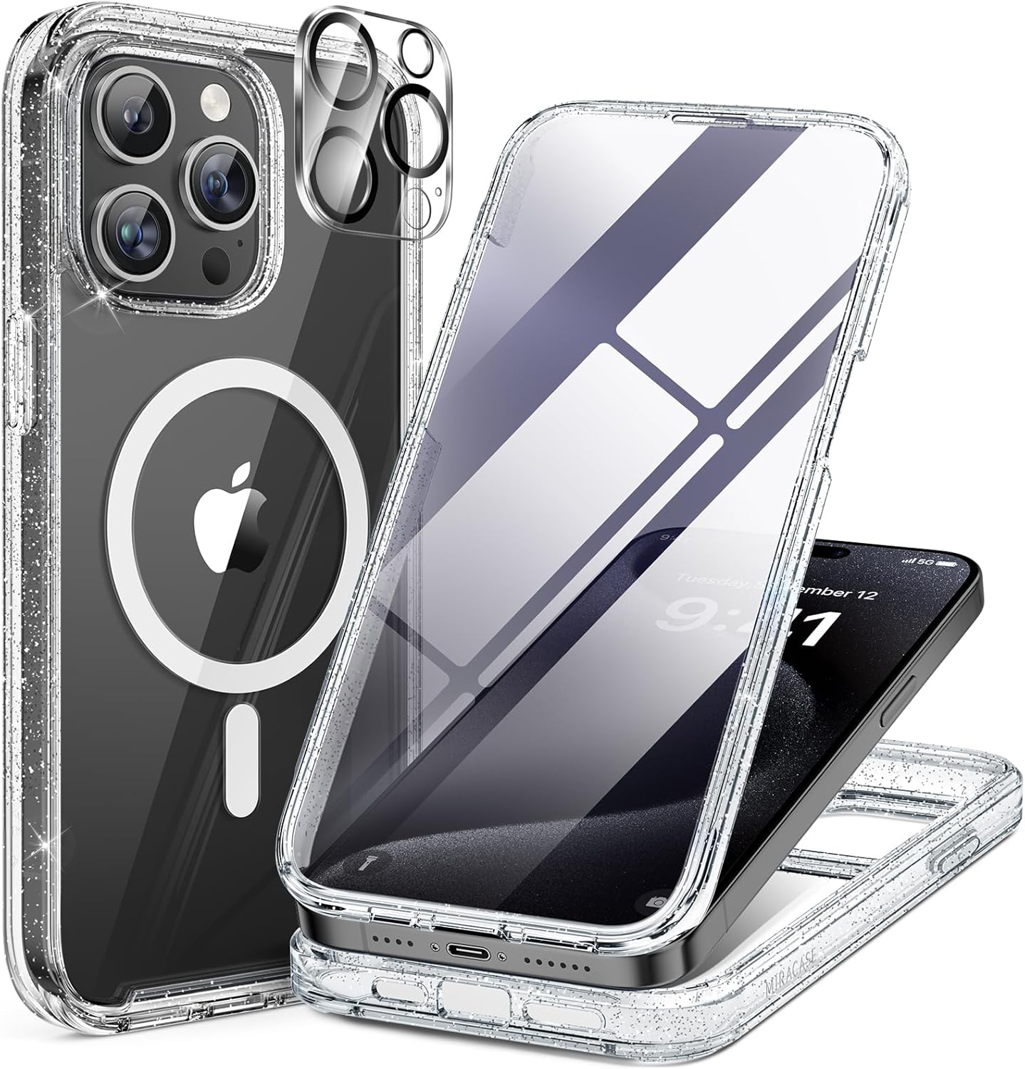 Miracase Magnetic for iPhone 15 Pro Max Case 6.7'' [Compatible with Magsafe] Full-Body Drop Proof Phone Case for iPhone 15 Pro Max with Built-in 9H Tempered Glass Screen Protector,Clear Glitter