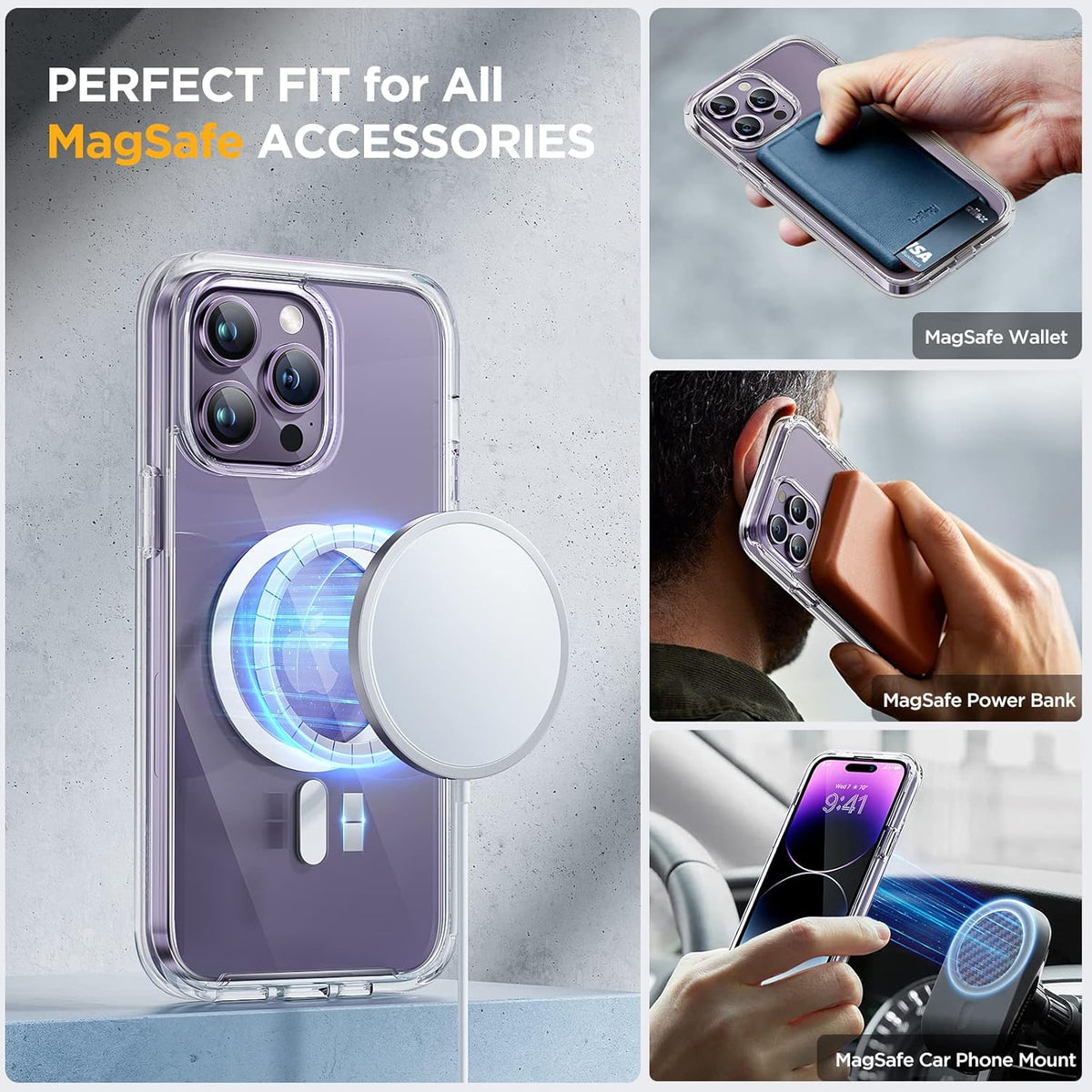 Miracase Magnetic for iPhone 14 Pro Case 6.1 inch, (Compatible with MagSafe) Upgrade Full-Body Clear Phone Bumper Case with Built-in 9H Tempered Glass Screen Protector, Magnetic Clear