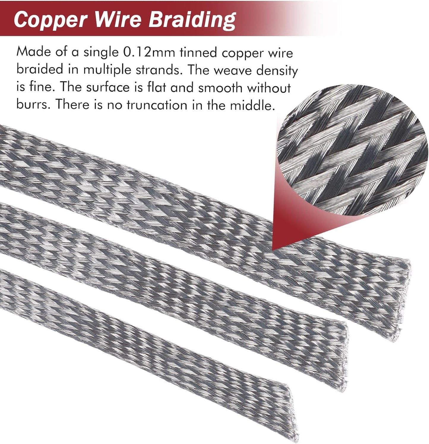 Tinned Copper Metal Braid Sleeving Wire Shielding Sleeve Braided Copper Ground Straps EMI/RFI Interference Expandable Flat Mesh Shielding Cable for Protect Wire (5/16inch-22ft)