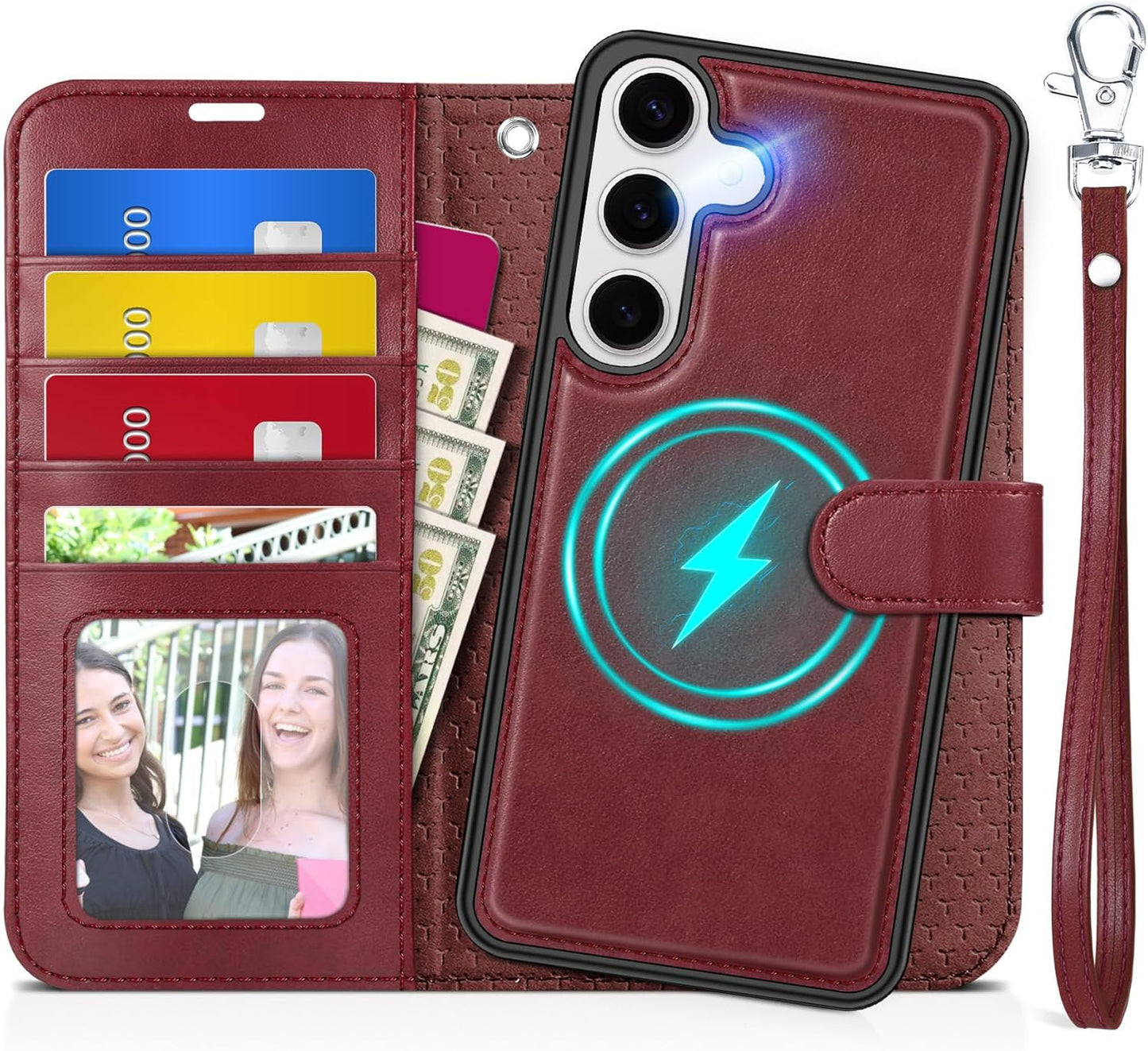 TUCCH Case Wallet for Galaxy S25 Plus, Detachable Wrist Strap [Wireless Charging] RFID Blocking 4 Card Holder, Removable Stand PU Leather Flip Shockproof Phone Cover for Galaxy S25 Plus 6.7", Dark Red