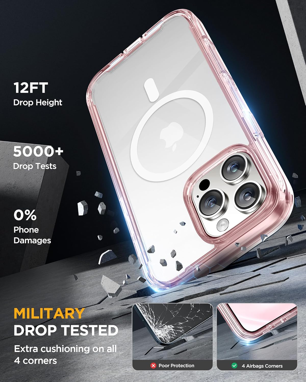 Miracase for iPhone 16 Pro Case Full-Body Phone with Built-in Glass Screen Protector, [Compatible with MagSafe] Military Drop Proof 16 Pro Cover Bumper 6.3 inch, Clear Pink
