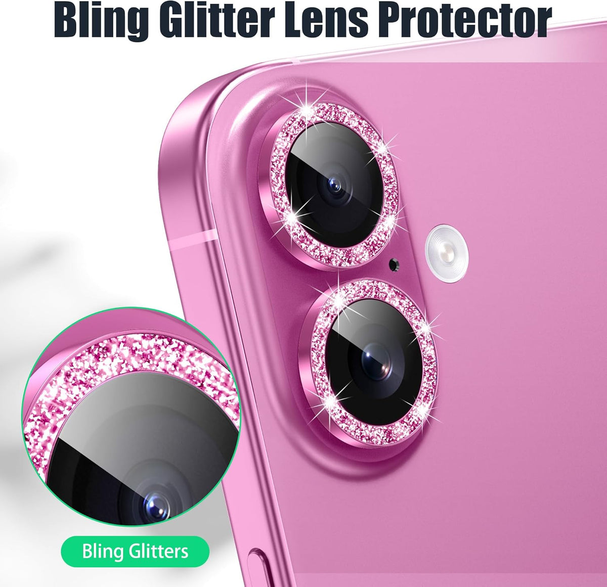 AGVEE 3+3 6 Pack for iPhone 16 6.1" / 16 Plus 6.7" Camera Lens Cover Protector, Bling Glitter & CD-Textured Metal Ring 9H Tempered HD Glass Camera Cover Protector Film, Glitter-Rose