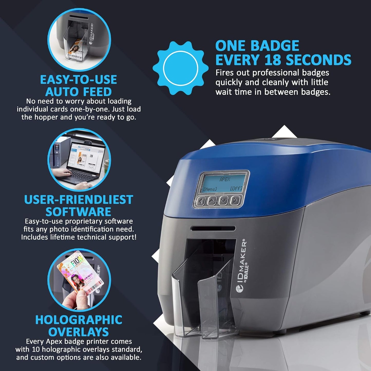 ID Maker Apex 2 Sided Card Printer Machine & Supply Kit for Badge Printing - Print Professional Quality Identification Badges - IDMaker Software, 300-Print Color Ribbon, 100 PVC Cards