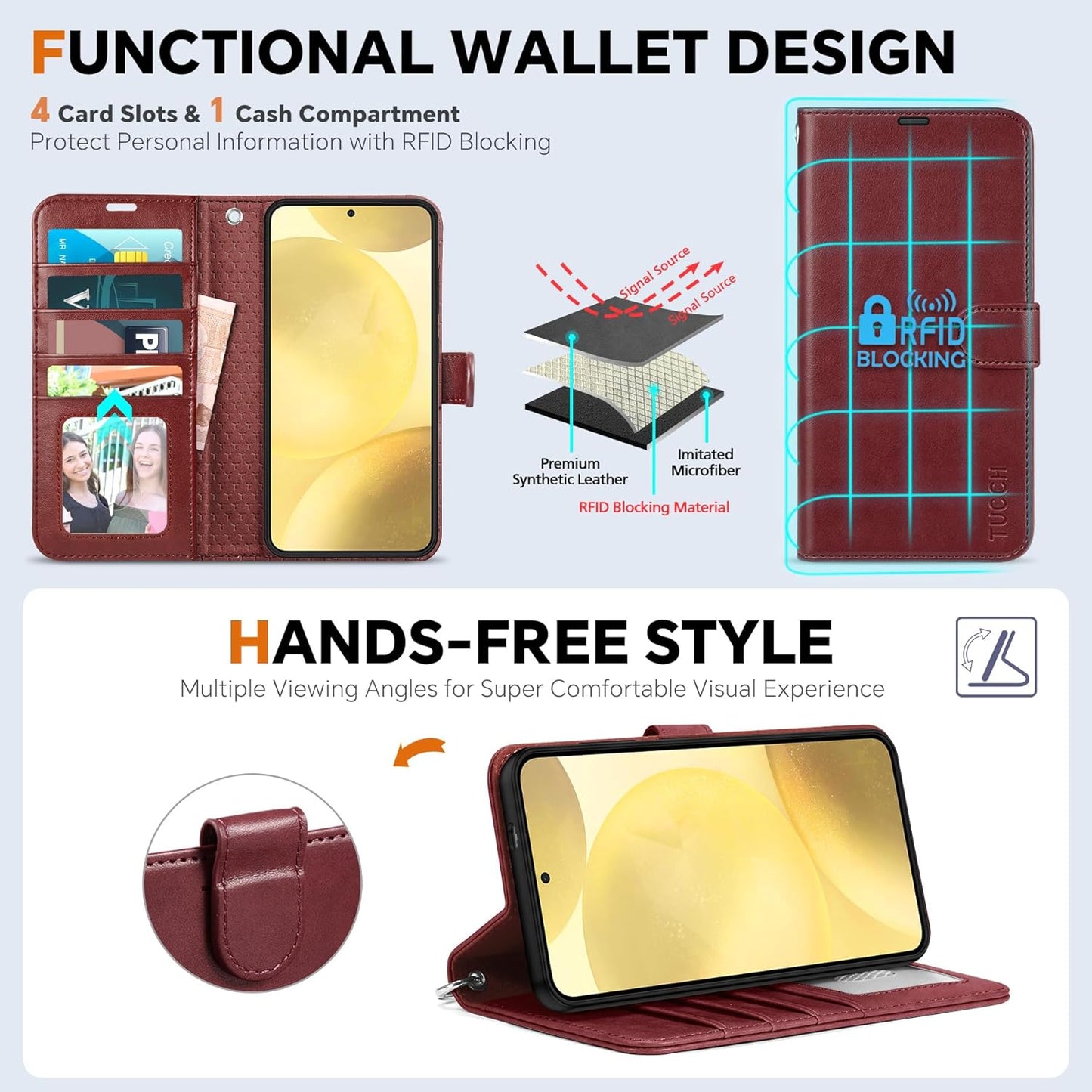 TUCCH Case for Galaxy S25, Detachable Wallet Case with Wrist Strap [Wireless Charging] RFID Blocking 4 Card Holder, Removable Stand PU Leather Flip Shockproof Phone Cover for Galaxy S25 6.2", Dark Red