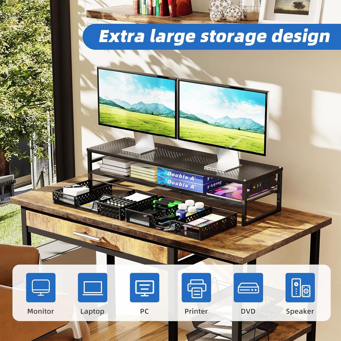 Simple Trending 2 Tier Metal Monitor Stand Riser with USB 2.0 and Charging Prot , Computer Office Desktop Organizer for 2 Monitors With Two Drawer Storage and Reusable Cable Ties,for Printer, TV, Black