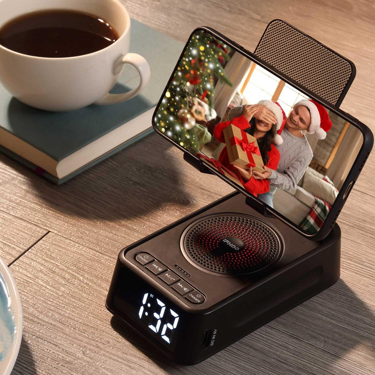 Gifts for Men Women, Phone Stand with Bluetooth Speaker&Clock, Birthday Gifts for Him, Phone Holder with Wireless Speaker, Ideal for Dad Mom Husband Boy, Cool Tech Gadget for Men