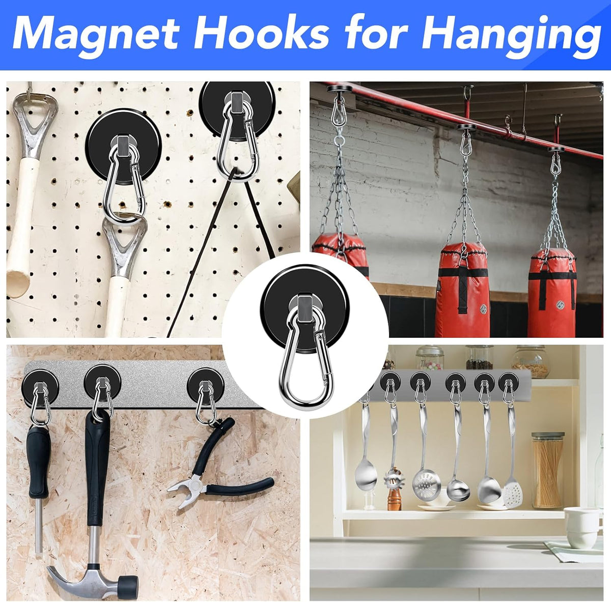 LOVIMAG Magnetic Hooks, 150LBS Strong Magnet Hooks Black Swivel Magnetic Hook Heavy Duty for Refrigerator, Neodymium Magnets with Carabiner Hook for Hanging, Kitchen, Cruise Cabins, Grill-6 Pack